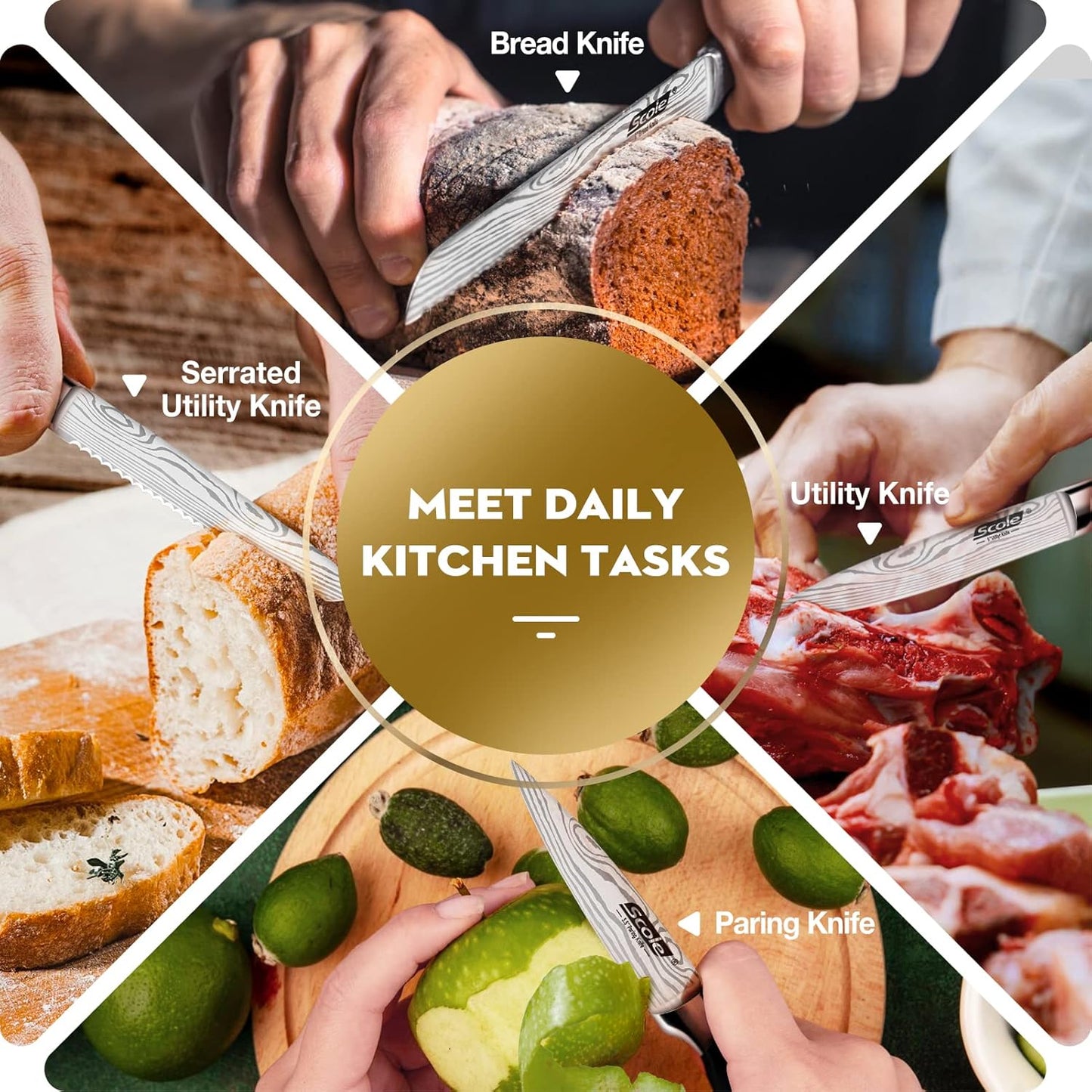 SCOLE® Messerset, Ultra Scharfes Küchenmesser Set 7-Teilig, Japanisches Deutsch 1.4116 Edelstahl Messer Set Profi Chefmesser Set Mit Ergonomisches Griff Mit Geschenkbox