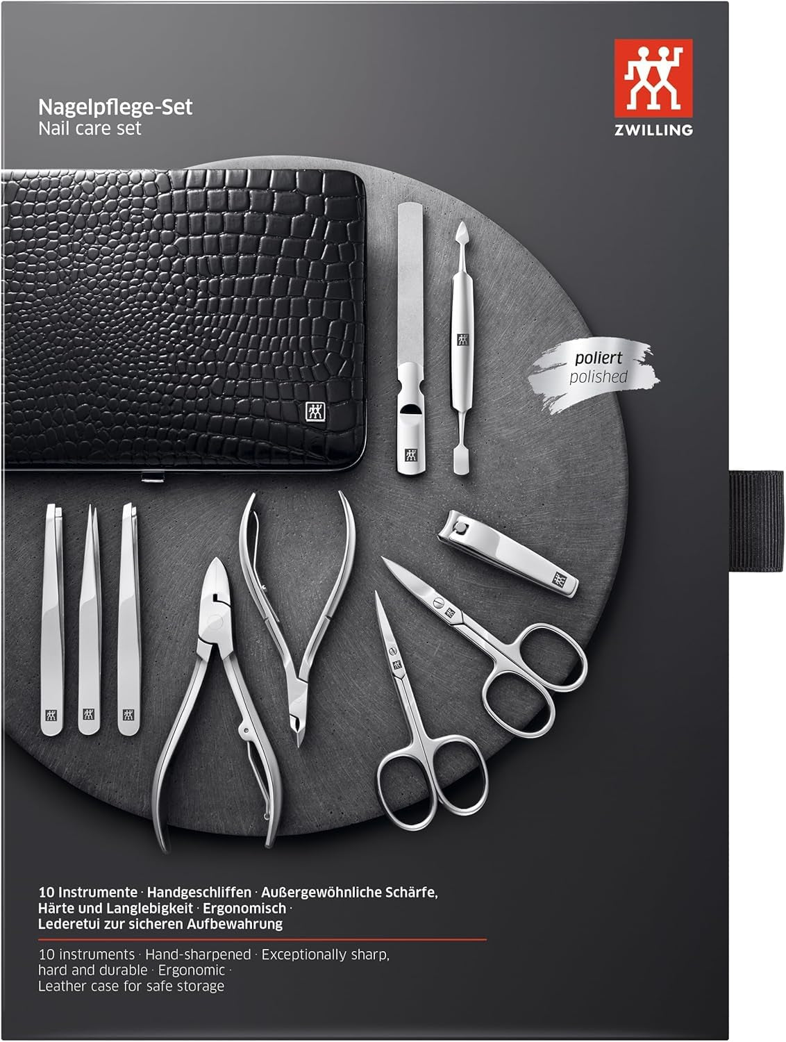 ZWILLING Maniküre-Set (10 Teilig, Komplettset Für Finger- Und Fußnägel, Echtleder Etui Mit Metallrahmen), Edelstahl Poliert, Kroko Edition, Schwarz