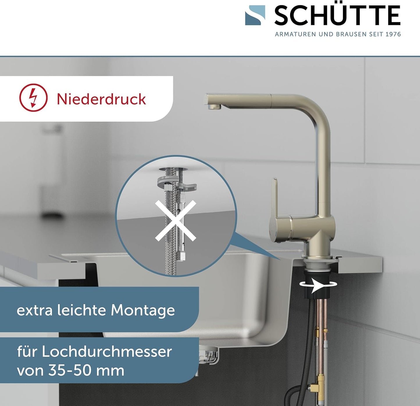 SCHÜTTE 79729 LONDON Niederdruck-Küchenarmatur in Edelstahl Mit Ausziehbarer Geschirrbrause, 360 Grad Schwenkbarer Wasserhahn Für Die Küche, Mischbatterie Mit Einhebelmischer, Spültischarmatur
