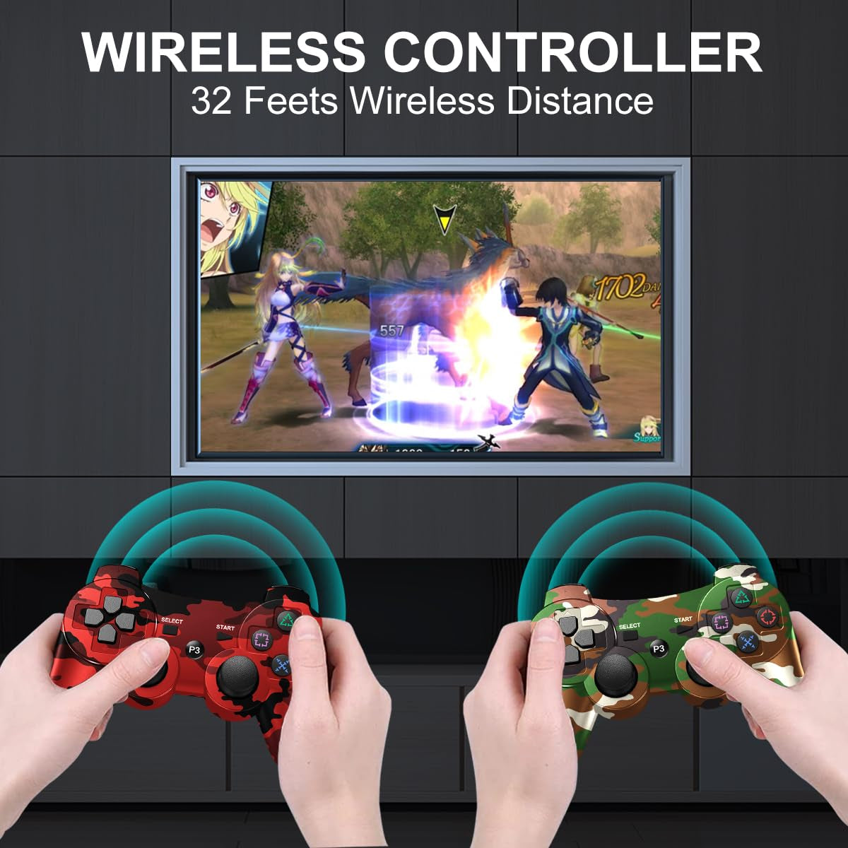 PS3 Controller Wireless 2 Pack,Verbesserte Fernbedienung Für Ps3,6-Achsen Gyro Sensor,Doppelter Vibration,Usb-Ladekabel (Camo Rot Und Camo Grün)