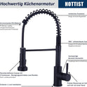 Wasserhahn Küche Schwarz, Hochdruck Küchenarmatur Mit Brause Ausziehbar, Hoher Bogen Mischbatterie Küche 360°Drehbar 2 Sprühfunktionen, Spiralfeder Spültischarmatur Edelstahl, Mattschwarz