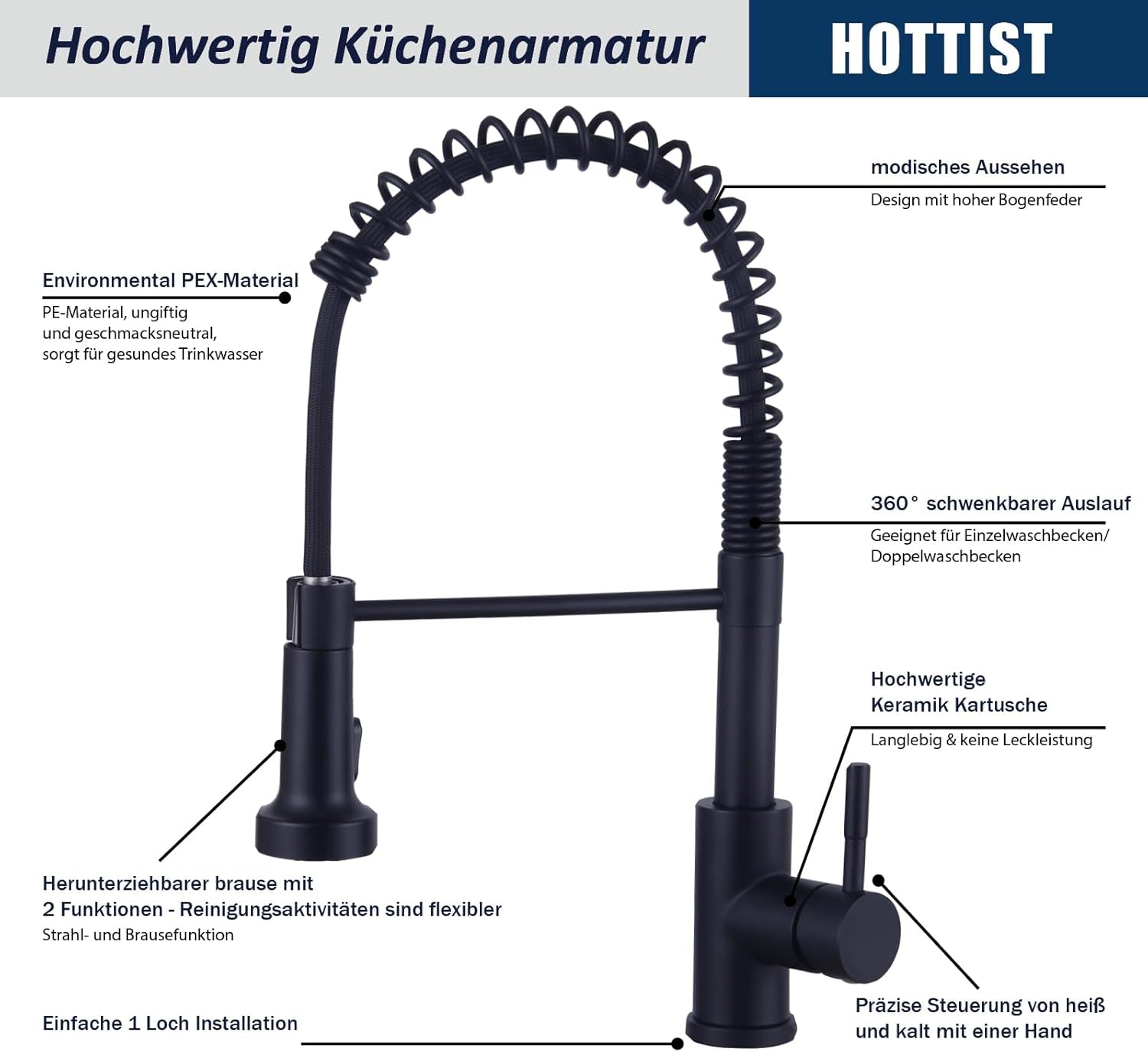 Wasserhahn Küche Schwarz, Hochdruck Küchenarmatur Mit Brause Ausziehbar, Hoher Bogen Mischbatterie Küche 360°Drehbar 2 Sprühfunktionen, Spiralfeder Spültischarmatur Edelstahl, Mattschwarz