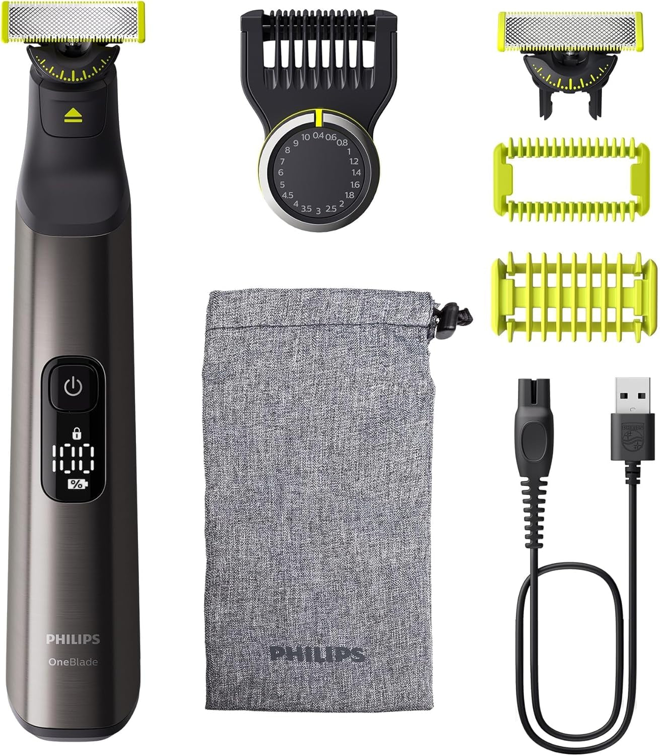 PHILIPS Oneblade Pro 360 Face & Body - Elektrischer Rasierer, Trimmer & Bodygroomer, 2X 360 Klingen, Präzisionskamm, 2X Körperaufsätze, Reisetasche, Für Gesicht & Körper (QP6552/30)