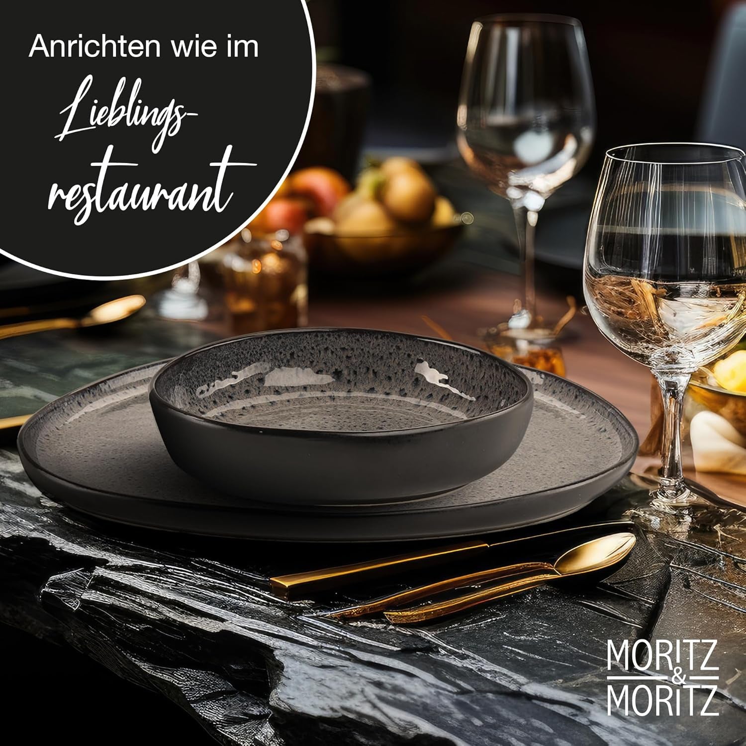 Moritz & Moritz ORGANIC 18-Teiliges Geschirrset 6 Personen Grau - Elegantes Teller Set Aus Hochwertigem Steinzeug - Geschirr Set 6 Personen Aus 6X Dinnerteller, 6X Dessertteller, 6X Suppenteller