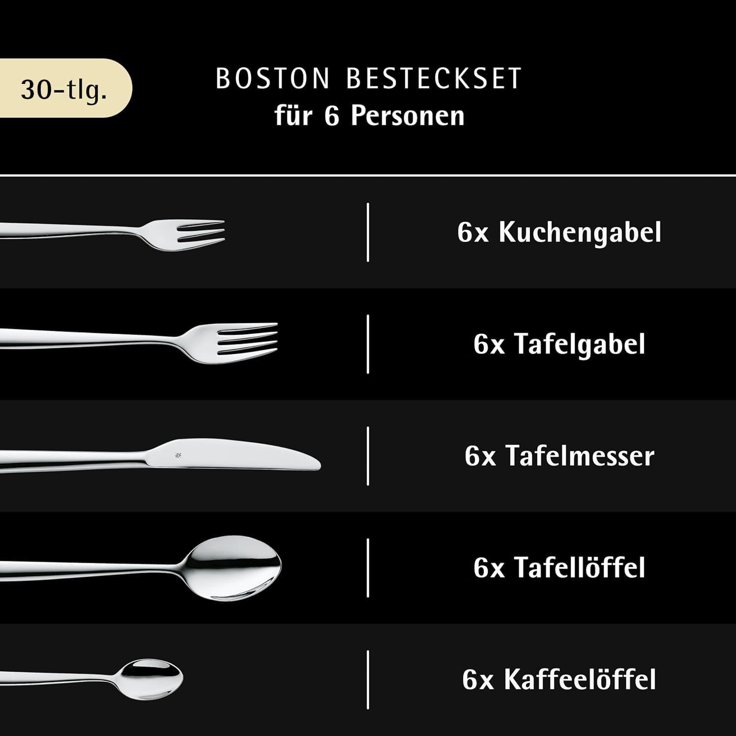 WMF Boston Besteckset 30-Teilig Für 6 Personen – Cromargan Edelstahl 18/10, Poliert Und Rostfrei, Spülmaschinenfest, Monobloc-Messer Mit Langlebiger Schärfe, Elegantes Essbesteck Für Alltag Und Gäste