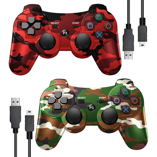 PS3 Controller Wireless 2 Pack,Verbesserte Fernbedienung Für Ps3,6-Achsen Gyro Sensor,Doppelter Vibration,Usb-Ladekabel (Camo Rot Und Camo Grün)