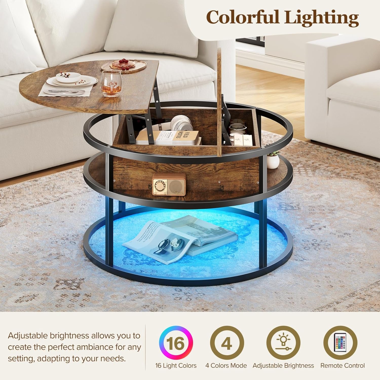 Dripex Couchtisch Rund, 81Cm Durchmesser, Höhenverstellbar Beistelltisch Mit Verstecktem Stauraum, Wohnzimmer Mit Hebeplatte,Couch Tisch,Kaffeetisch, Holz Wohnzimmertisch Für Wohnzimmer, Büro