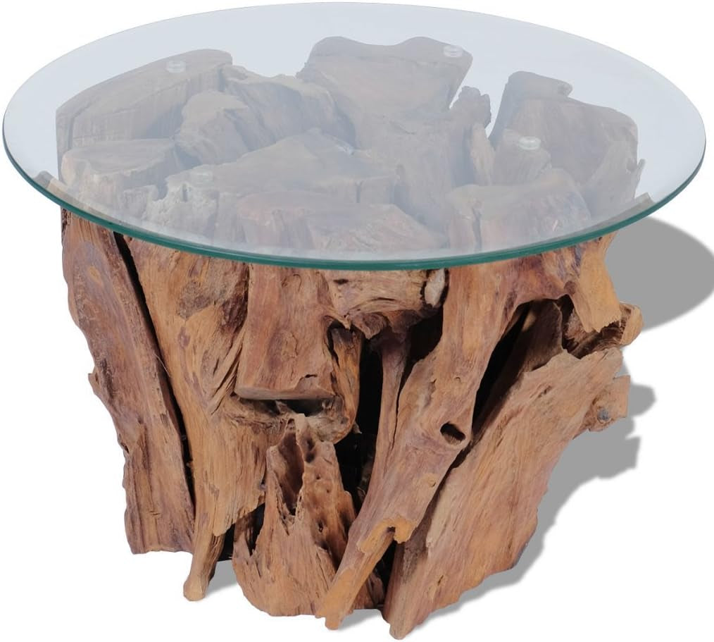 Couchtisch Kaffeetisch Coffeetisch Mit Tischfuss Aus Massives Teak-Treibholz Ideal Als Beistelltisch Glas Tischplatte Durchmesser 60Cm