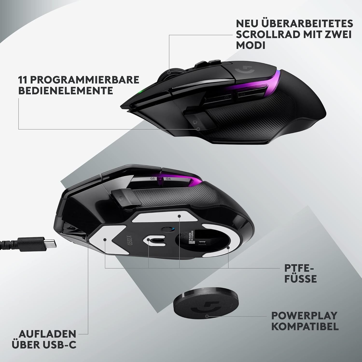 Logitech G502 X plus LIGHTSPEED Kabellose Rgb-Gaming-Maus - Optische Maus Mit LIGHTFORCE Hybridschaltern, LIGHTSYNC RGB, HERO 25K Gaming-Sensor, Kompatibel Mit PC - Macos/Windows - Schwarz