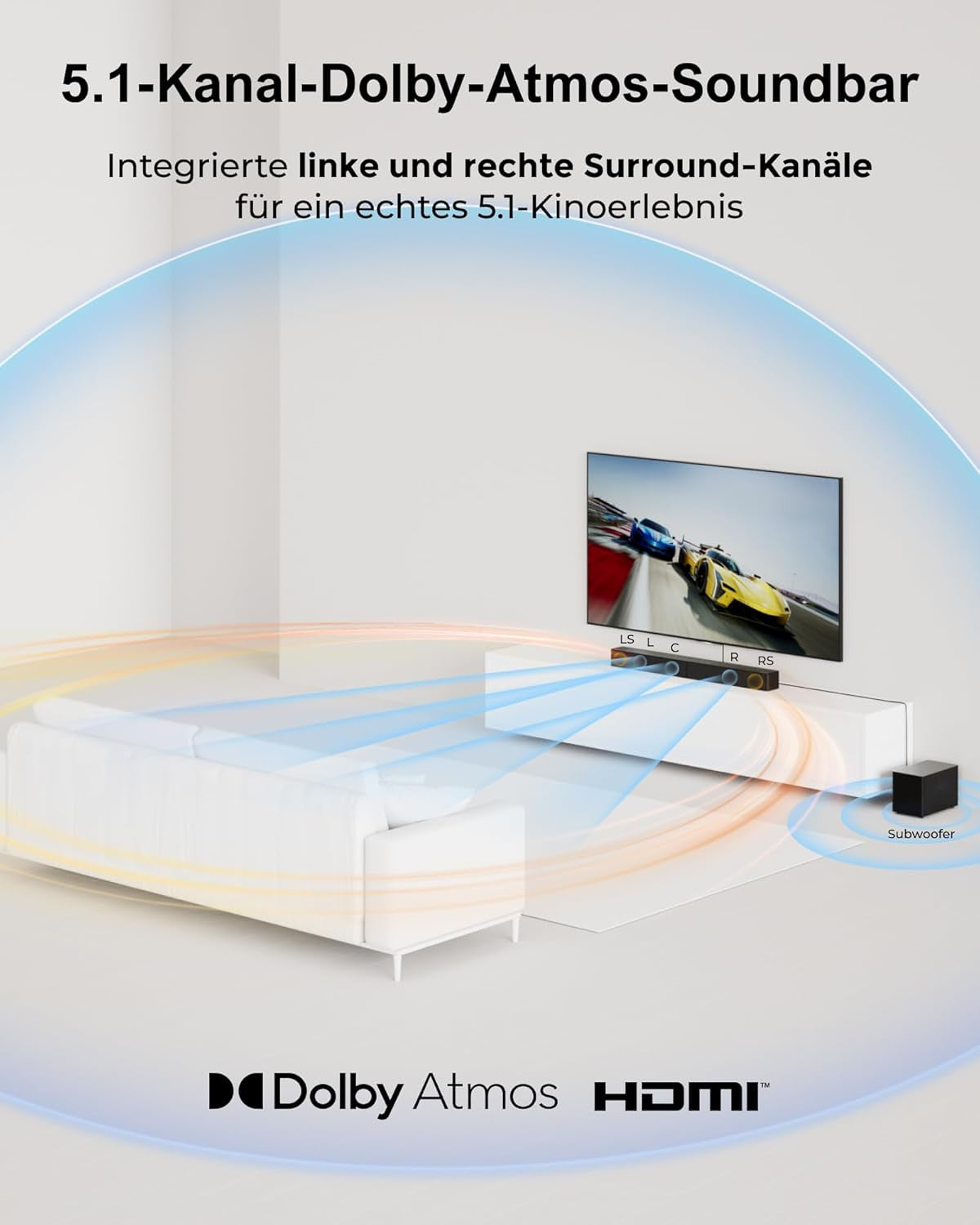 ULTIMEA 5.1Ch Soundbar Mit Dolby Atmos, Voicemx, Bassmx, APP, Heimkino 4D Surround Sound System, 340W Soundbar Für TV Geräte Mit Subwoofer, Bluetooth 5.4, Poseidon M60 Boom