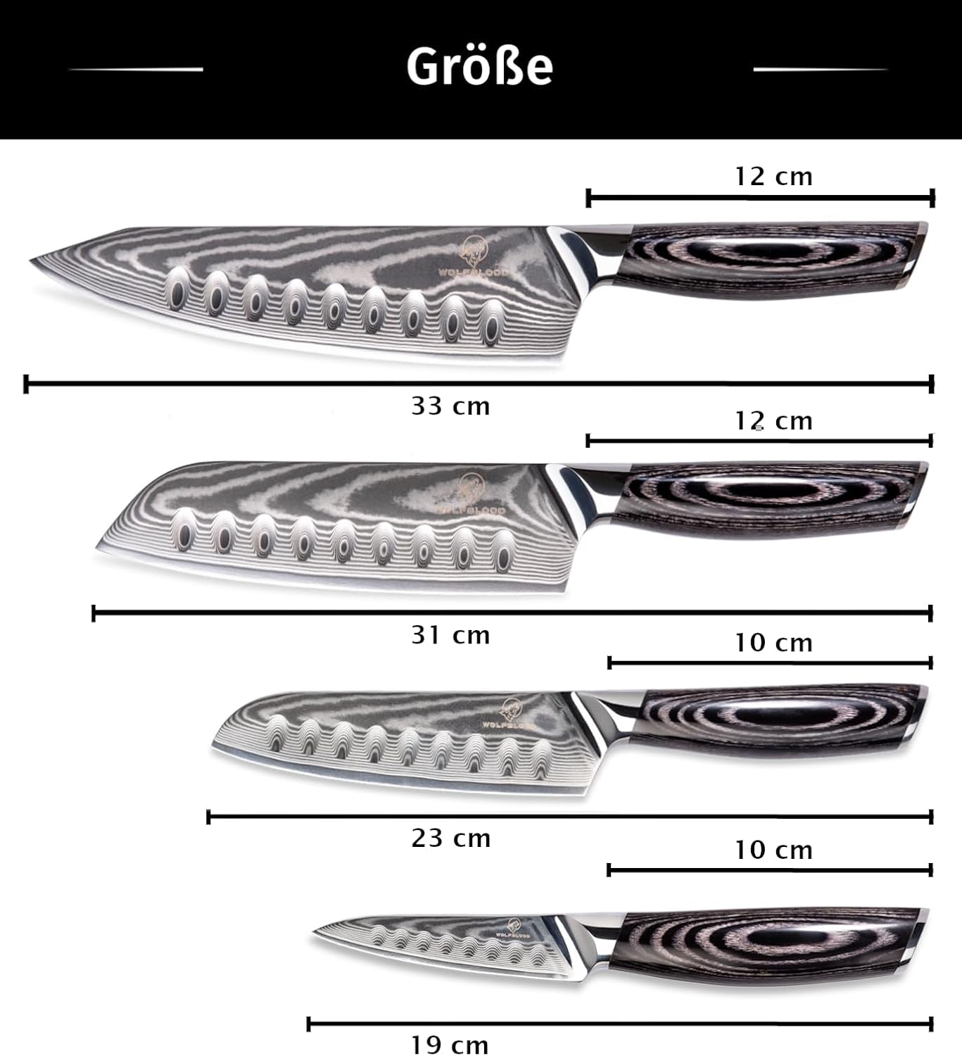 Wolfblood PRO 4Er Damastmesser Set XL (33, 31, 23 & 19Cm) TÜV Geprüfter 62 HRC Damaststahl Aus 67 Lagen I Damast Küchenmesser Set Mit Chefmesser, Santokumesser, Holzgriff, Geschenkbox & Klingenschutz