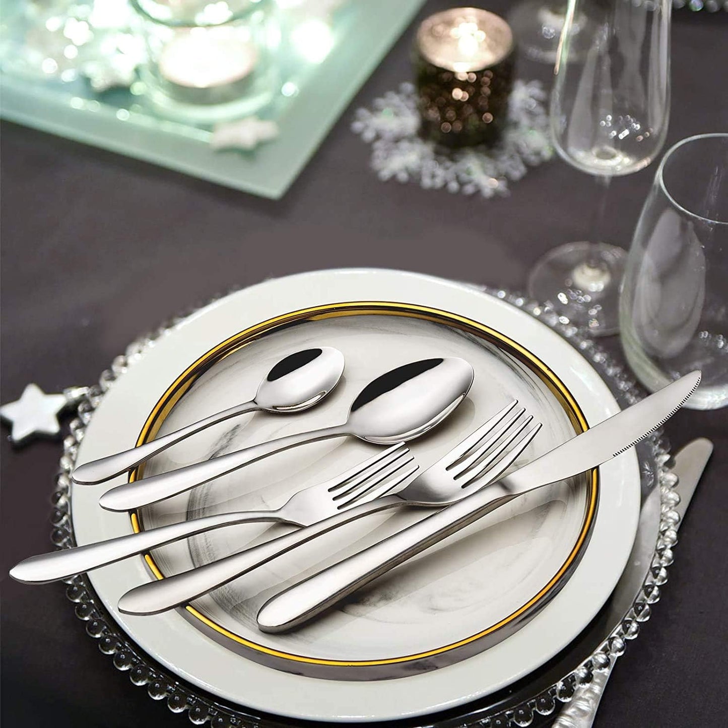 48-Teiliges Besteckset, Edelstahl-Besteckset Für 8 Personen Mit Besteck-Servierset 10-Teilig Bestehend Aus Messer, Gabel, Löffel, Besteck-Serviergerät, Polierter Edelstahl, Glänzend, Spülma