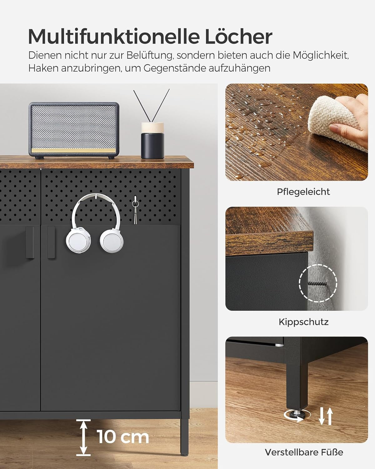 SONGMICS Aufbewahrungsschrank, Metallschrank, Mit Doppeltür, Magnetverschluss, Verstellbarer Einlegeboden, Stahlgestell, 40 X 80 X 76 Cm, Vintagebraun-Schwarz LSC102B01