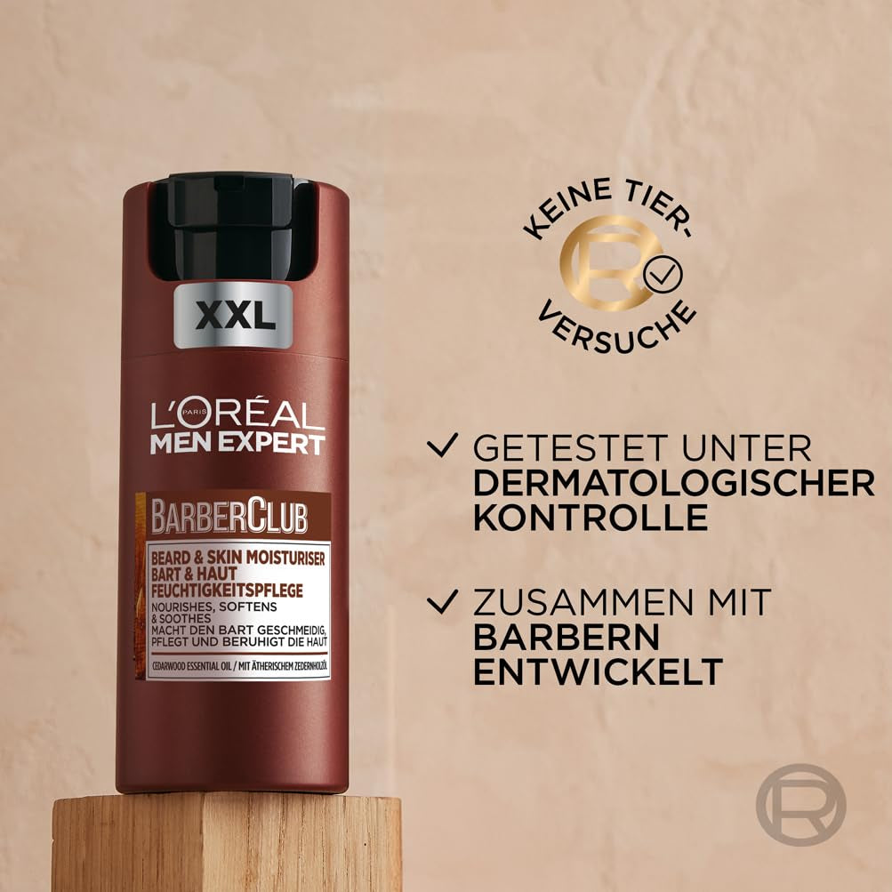 L'Oréal Men Expert Bart & Haut XXL Feuchtigkeitspflege Für Männer, Gesichtscreme Für Den 3-Tage-Bart, Bartpflege Für Herren Mit Zedernholzöl, Barber Club, [Amazon Exclusive], 1 X 100 Ml