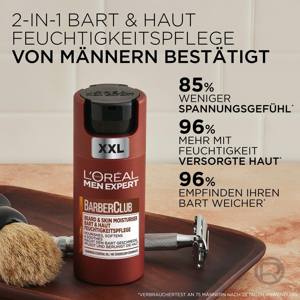 L'Oréal Men Expert Bart & Haut XXL Feuchtigkeitspflege Für Männer, Gesichtscreme Für Den 3-Tage-Bart, Bartpflege Für Herren Mit Zedernholzöl, Barber Club, [Amazon Exclusive], 1 X 100 Ml