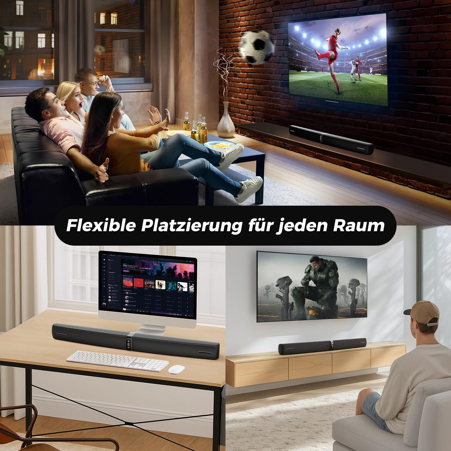 Soundbar Für TV Geräte, 2-In-1 Trennbare Tower-Lautsprecher Mit Bluetooth 5.3/Hdmi-Arc/Optisch/Aux – Wandmontagefähige Home Cinema Sound Bar Mit Surround-Sound Für Pc/Gaming/Projektoren (Black) 1Pcs