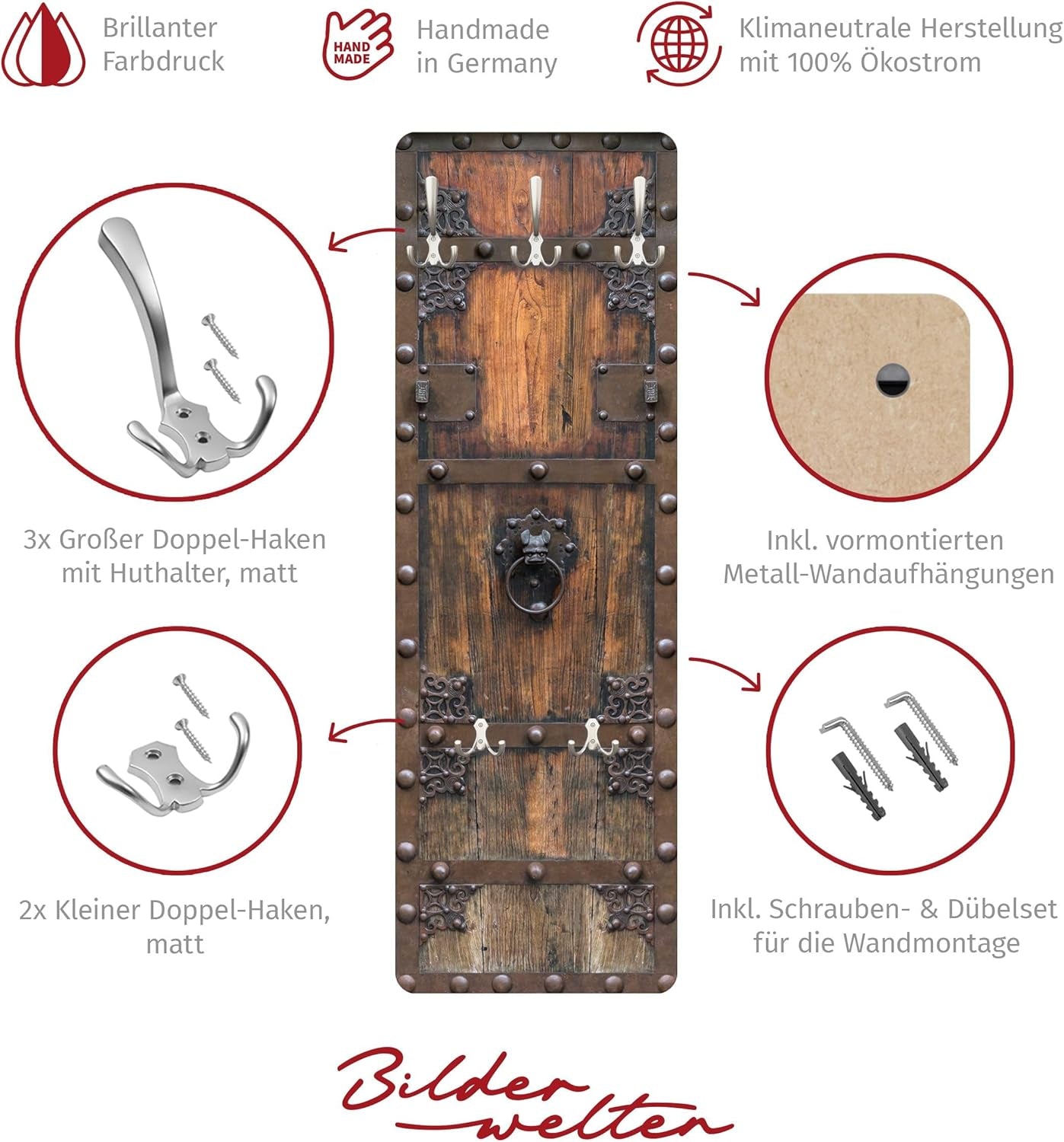 Bilderwelten Garderobe Vintage 105Cm X 34Cm 3D-Optik Historische Holztür Garderobenhaken Garderobenpaneel Flurgarderobe Flur-Möbel Wandgarderobe Holz