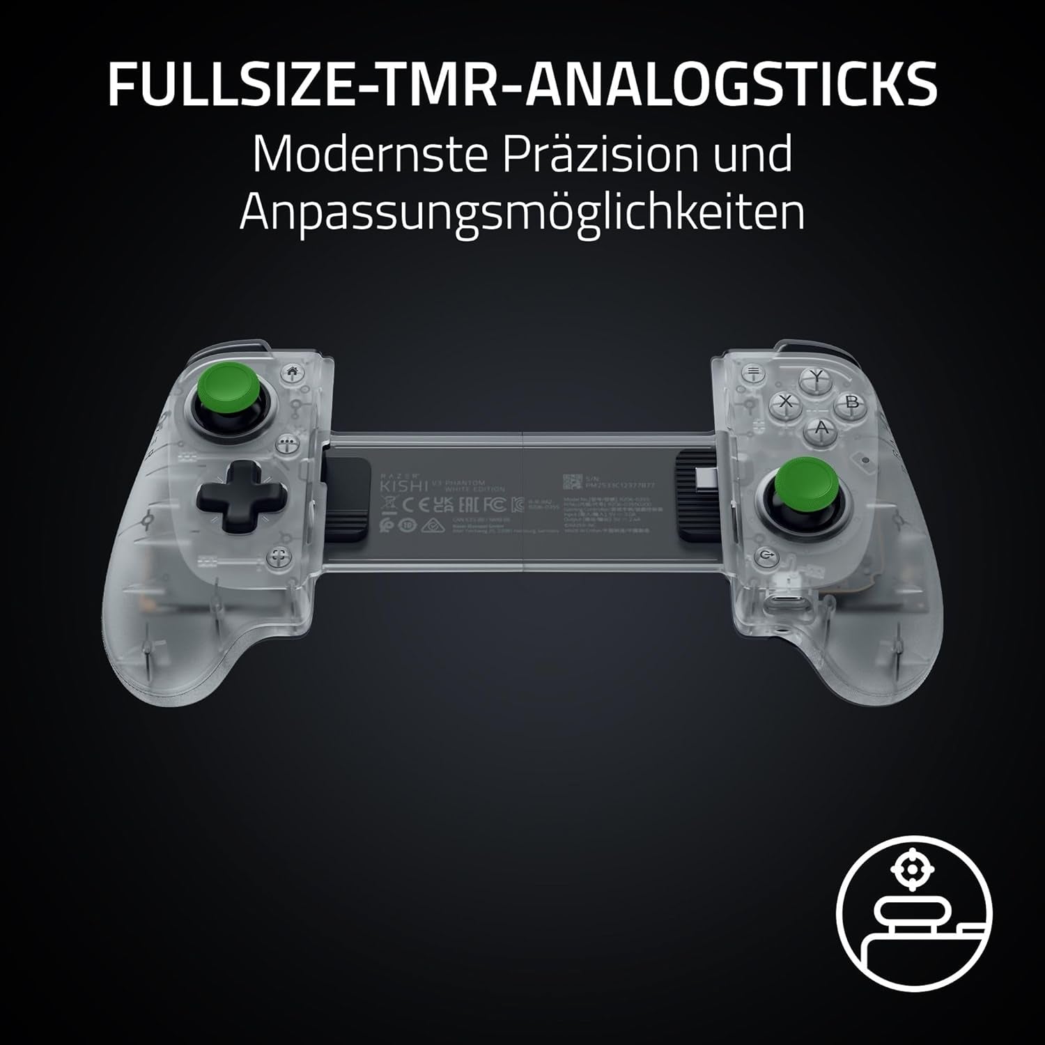 Razer Kishi V3 Phantom White - Fullsize Mobil-Controller Für Iphone & Android Smartphones - USB-C Plug-And-Play - Anti-Drift Analogsticks - 12 Tasten - Sensa HD Haptics | Phantom White Edition
