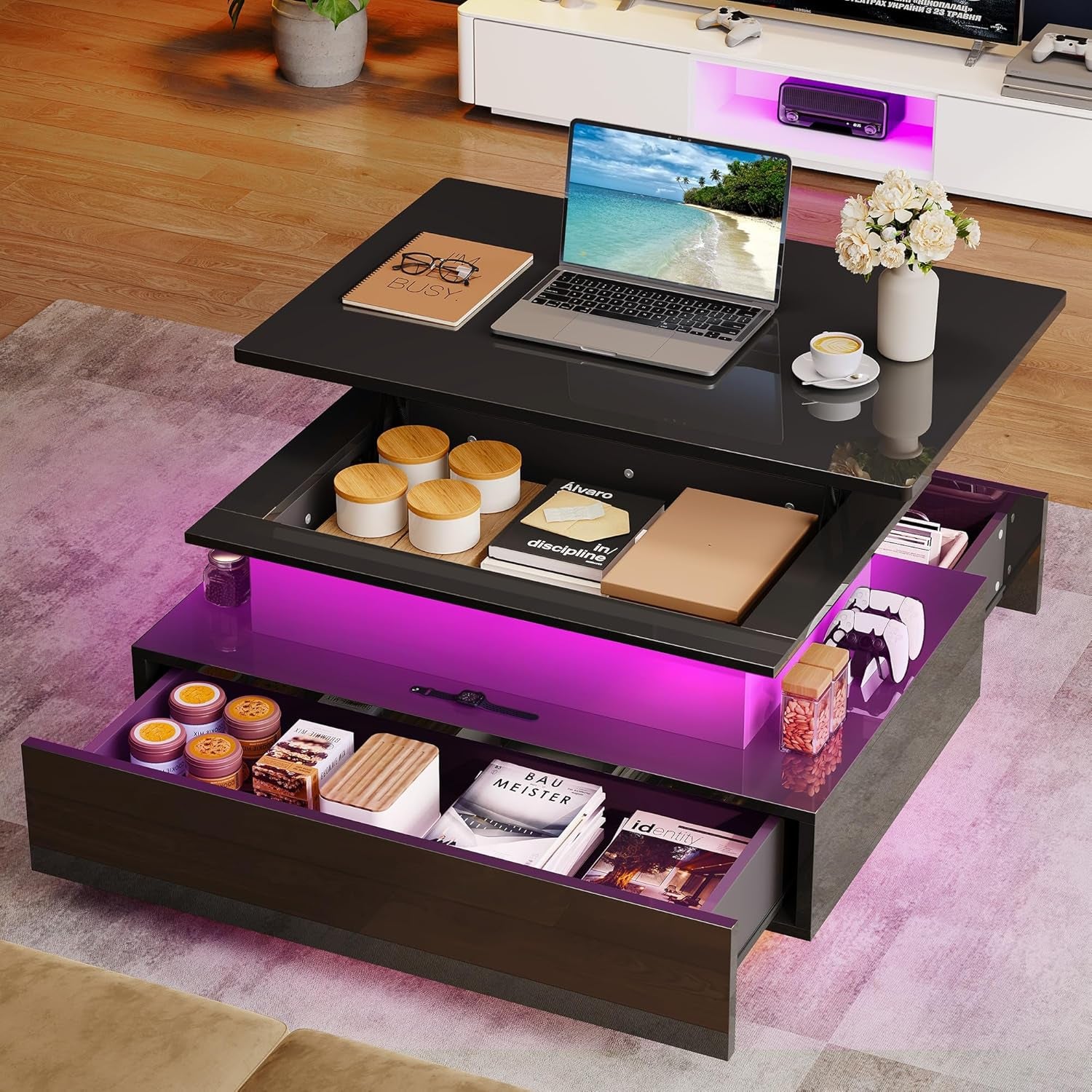 YITAHOME Couchtisch Höhenverstellbar, Wohnzimmertisch Hochglanz Mit Hebeplatte,Couch Tisch Wohnzimmer Mit 16-Farbiger LED Modern and 2 Schubladen