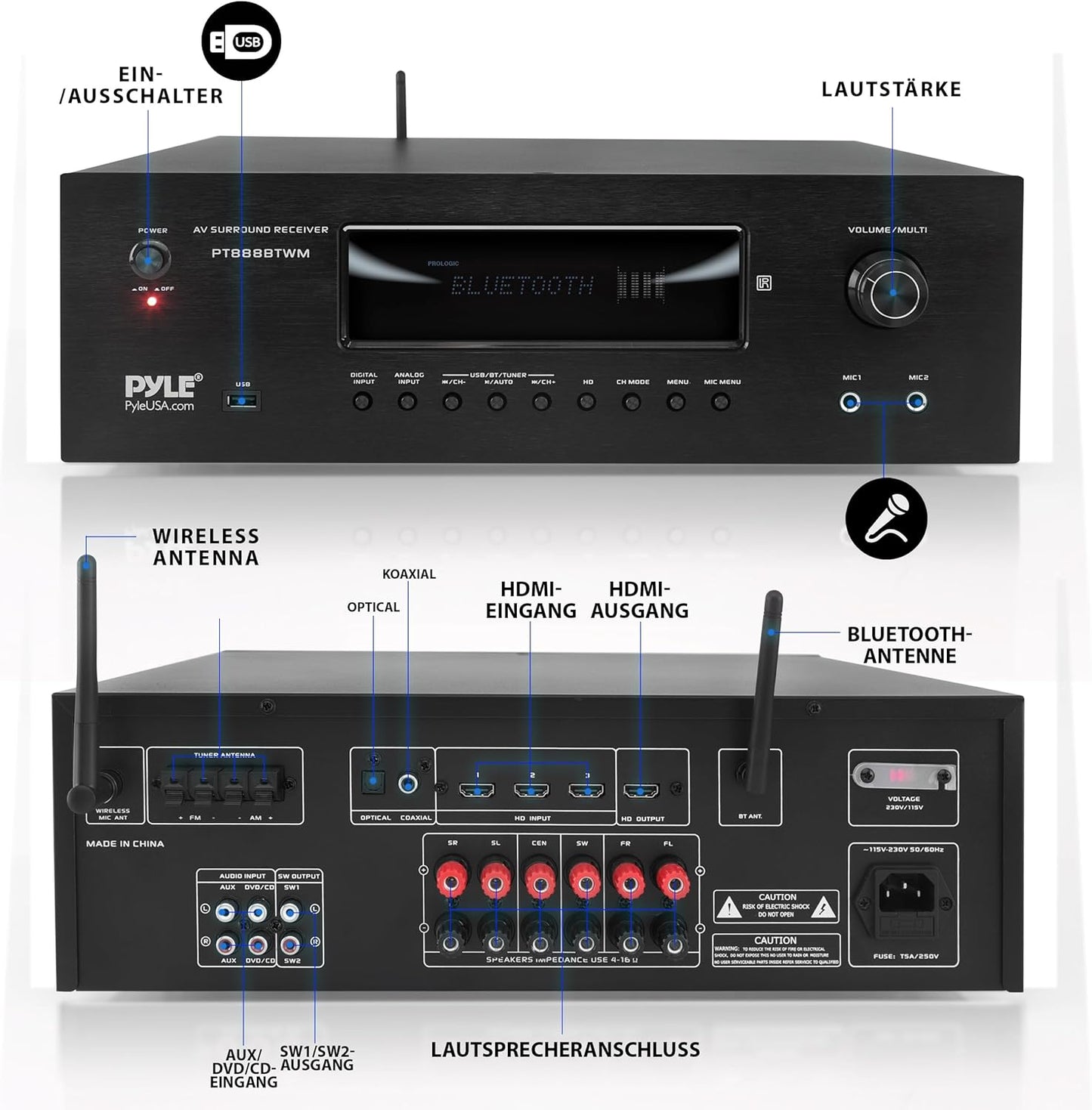 Pyle Amplifier, 5.2 Kanal Bluetooth Verstärker, 1000W AV Receiver Mit 2 UHF Kabellosen Mikrofonen, 4K UHD TV HDM/USB/MP3 Unterstützung, Heimkino & Karaoke Sound System
