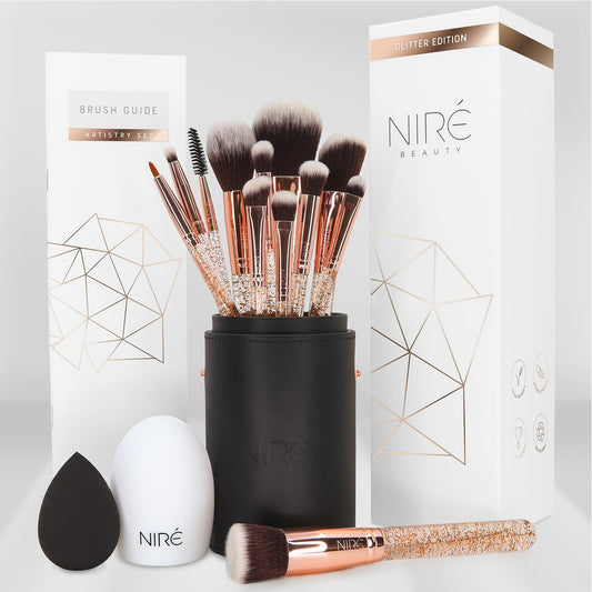 Niré Beauty Make-Up-Pinselset, 15-Teilig: Preisgekrönte Vegane Profi-Pinsel Mit Etui, Niré Make up Schwamm, Pinselreiniger, Guide & Geschenkschachtel