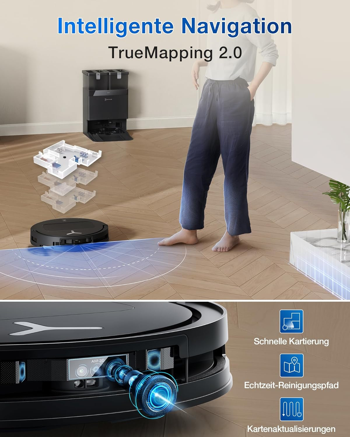 ECOVACS DEEBOT T50 OMNI Gen2 Saugroboter Mit Wischfunktion, 21.000 Pa, Ausziehbare Seitenbürste Und Mopp, Zerotangle 2.0, Moppwäsche Mit 75°C Heißem Wasser, All-In-One Station, Ultradünn 81 Mm,Schwarz