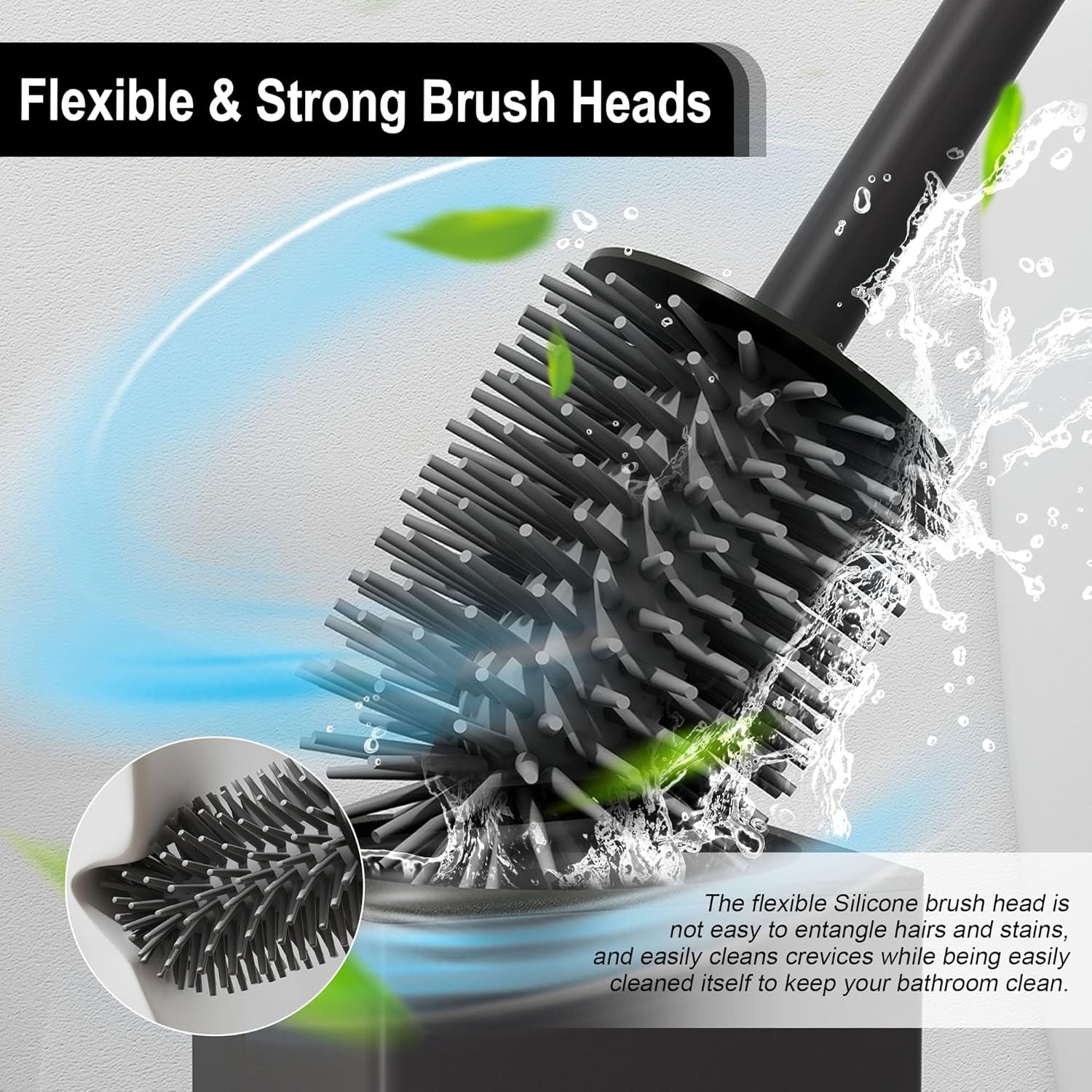 BVL WC Bürsten & Halter Schwarz, Metall Toilettenbürste Inklusive 2 Bürstenköpfe, Freistehende Quadratisch Silikon Toilettenbürste Für Das Badezimmer