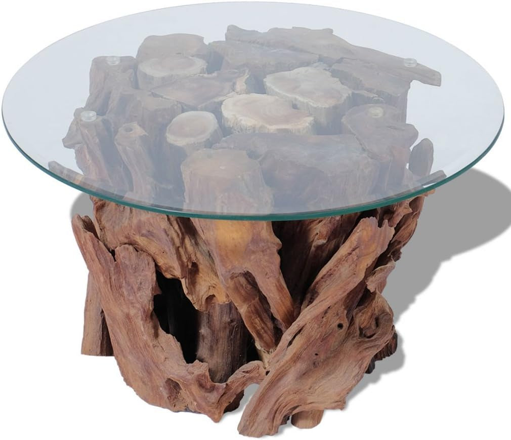 Couchtisch Kaffeetisch Coffeetisch Mit Tischfuss Aus Massives Teak-Treibholz Ideal Als Beistelltisch Glas Tischplatte Durchmesser 60Cm