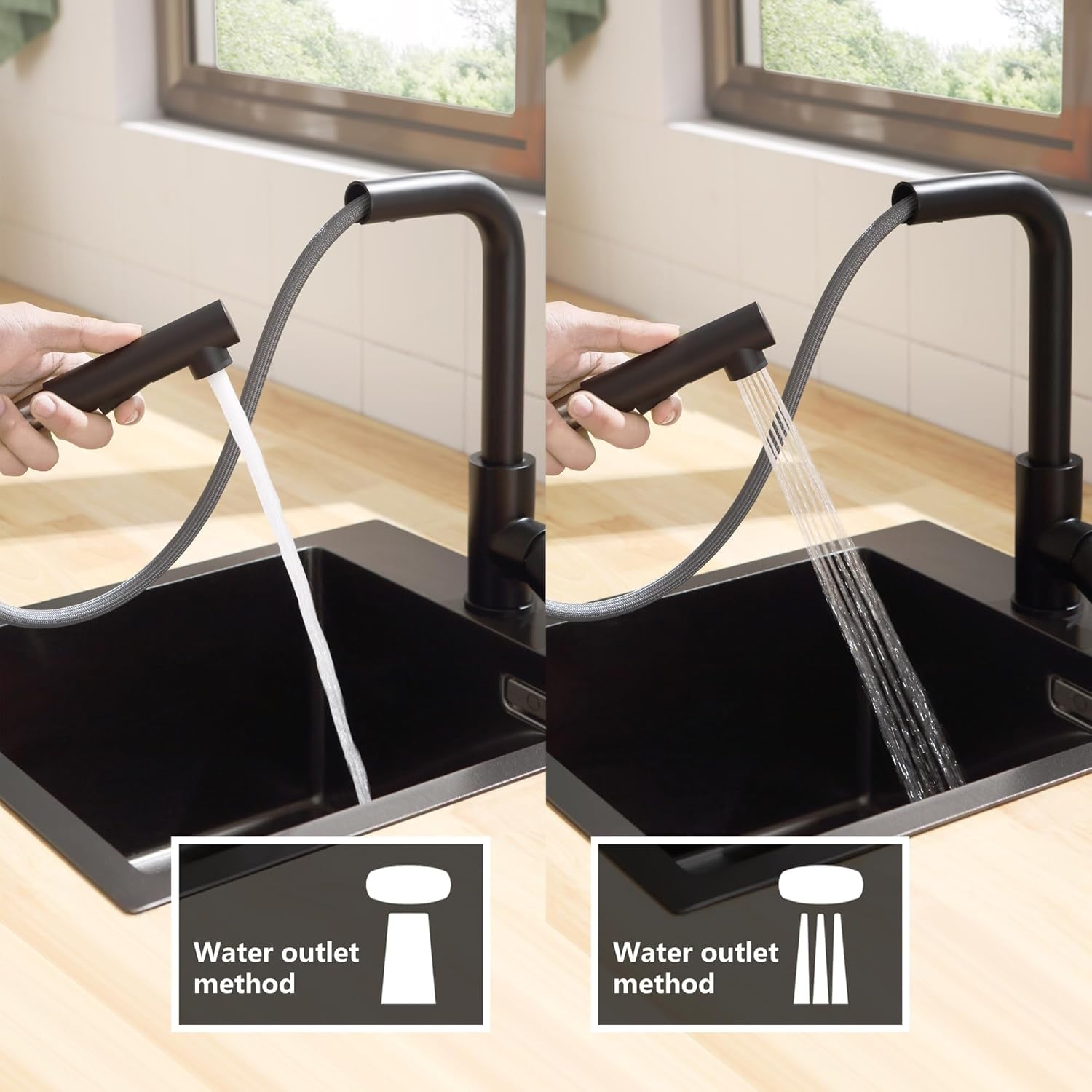 CECIPA Hochdruck Wasserhahn Küche Schwarz, Küchenarmatur Ausziehbar, Spültischarmatur Mit Brause Zwei Wasserstrahlarten, Armatur Küche 360° Schwenkbar, Mischbatterie Küche Edelstahl, X203B