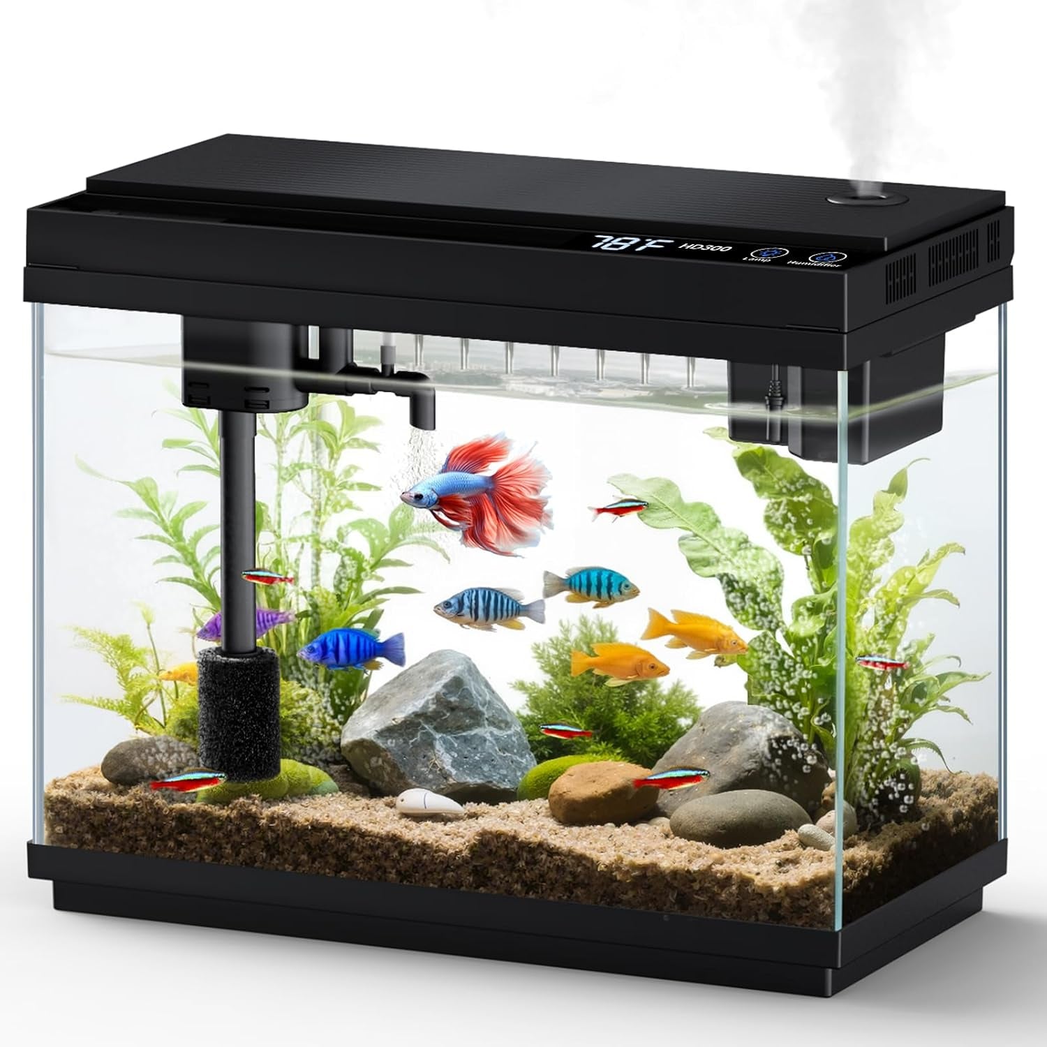 Fishkeeper Nano Aquarium Komplettset, 9L Mini Aquarium Starterset Mit LED, 4-In-1 Smart-Aquarien Selbstreinigende Pumpe & Filter, Klein Aquarien Set Komplett Mit Aromatherapie, Temperaturanzeig, Timer