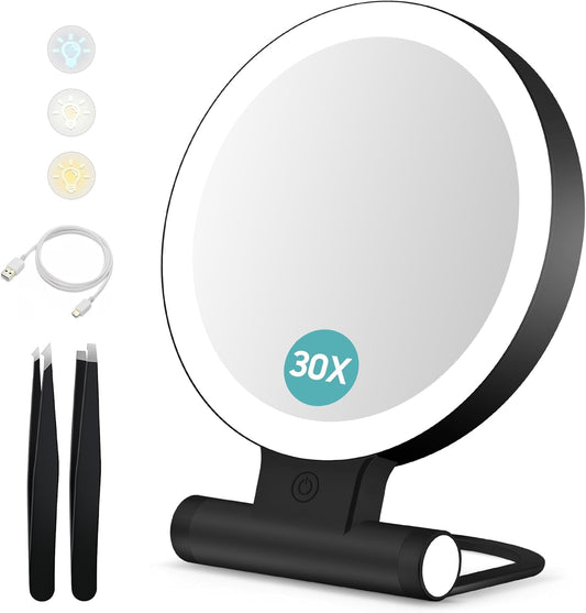 B Beauty Planet Kosmetikspiegel Mit Beleuchtung, 30 Fache/1-Fach Doppelseitige Tischspiegel,3 Farblichter, Dimmbarerschminkspiegel,Reisen Kosmetik Spiegel Mit Beleuchtung