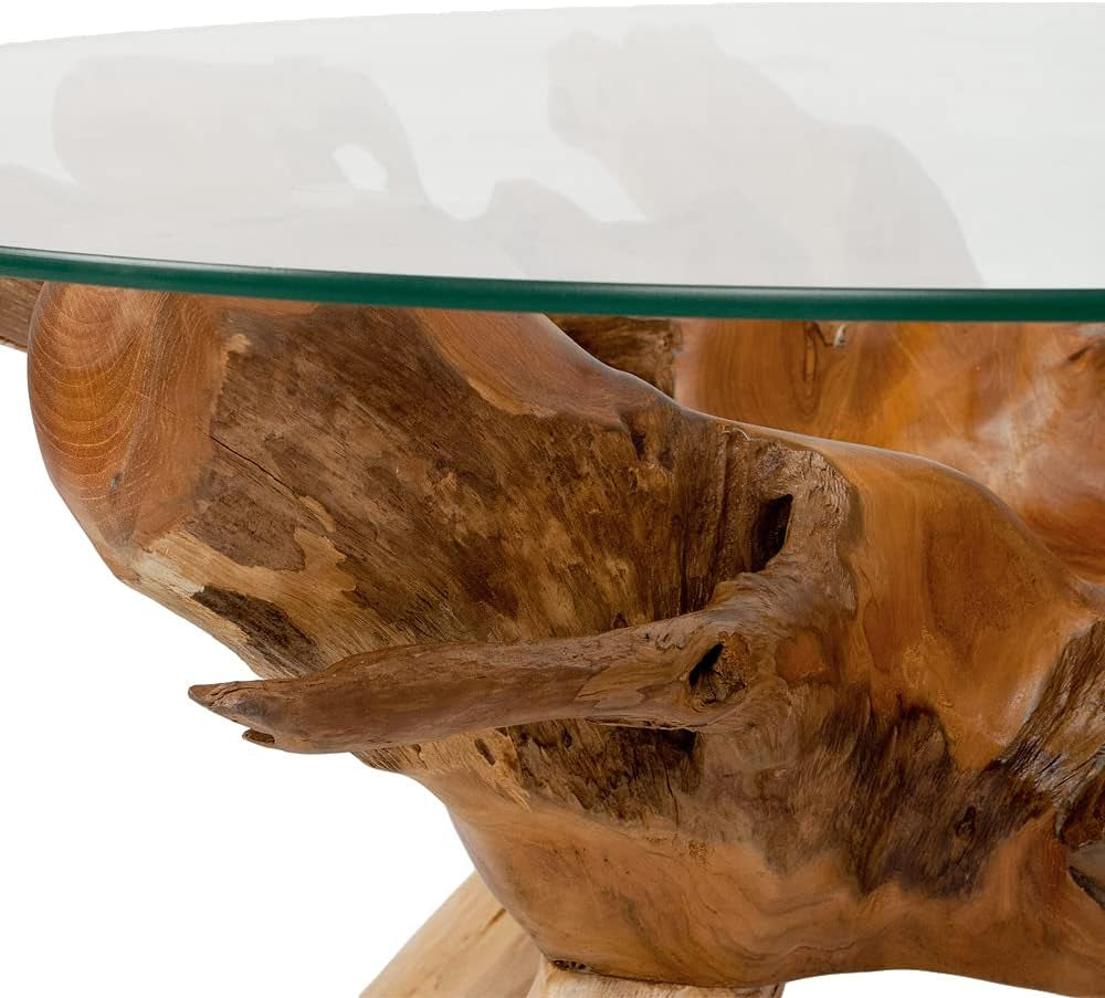 Teak Couchtisch ZONAS 80Cm Natural Massivholz Wohnzimmertisch Mit Glasplatte Wurzelholz