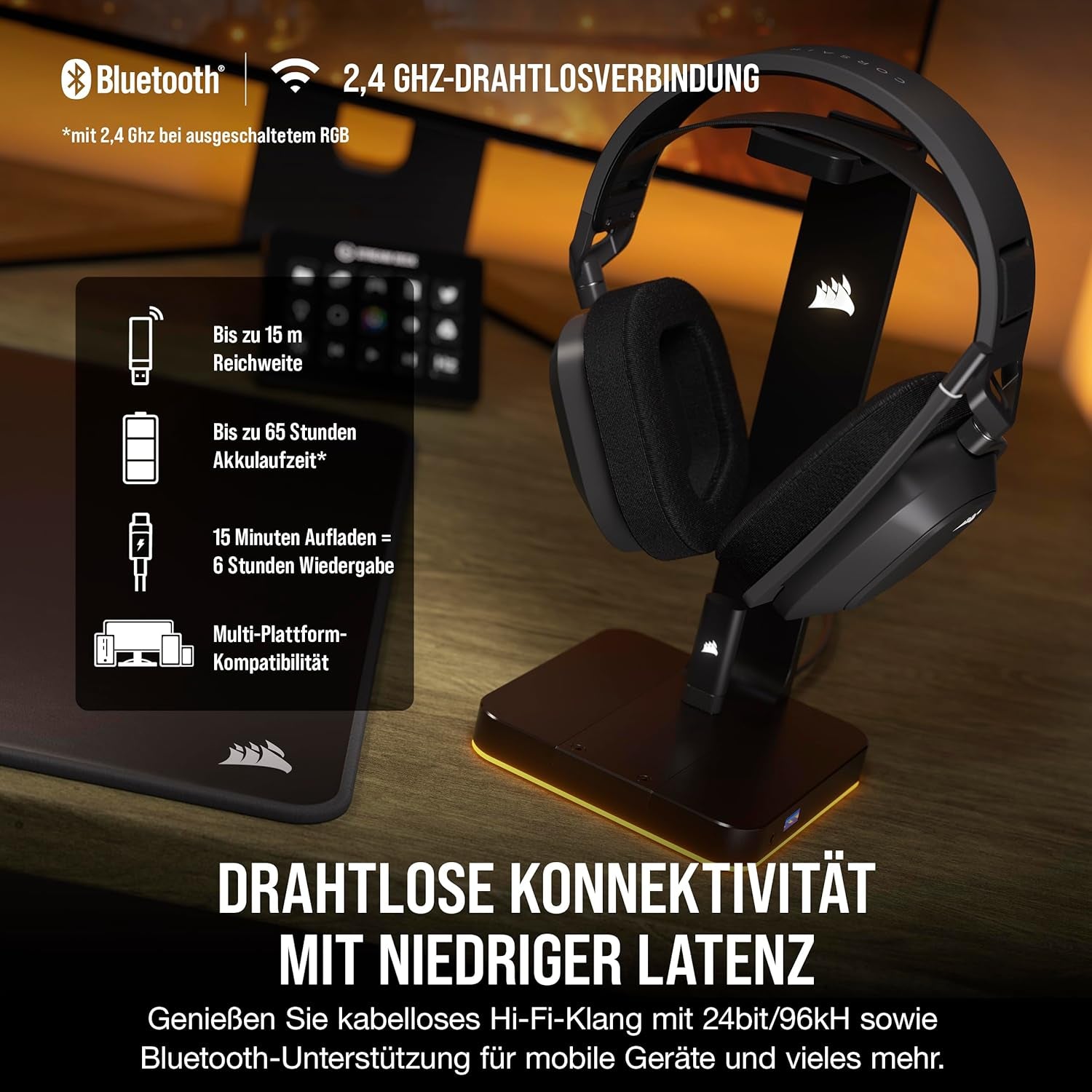 CORSAIR HS80 MAX WIRELESS Multiplattform-Gaming-Headset Mit Bluetooth – Dolby Atmos – Omnidirektionales Mikrofon – Icue-Kompatibel – PC, Mac, PS5, PS4, Switch, Mobil – Stahlgrau