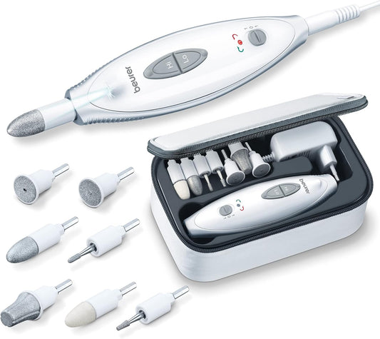 Beurer MP 41 Maniküre-/ Pediküreset, Elektrische Nagelfeile Mit 7 Aufsätzen, Helles LED Licht, Nagelfräser Für Gepflegte Nägel, Mit Aufbewahrungstasche, Nagelpflege Für Hände Und Füße, Weiß