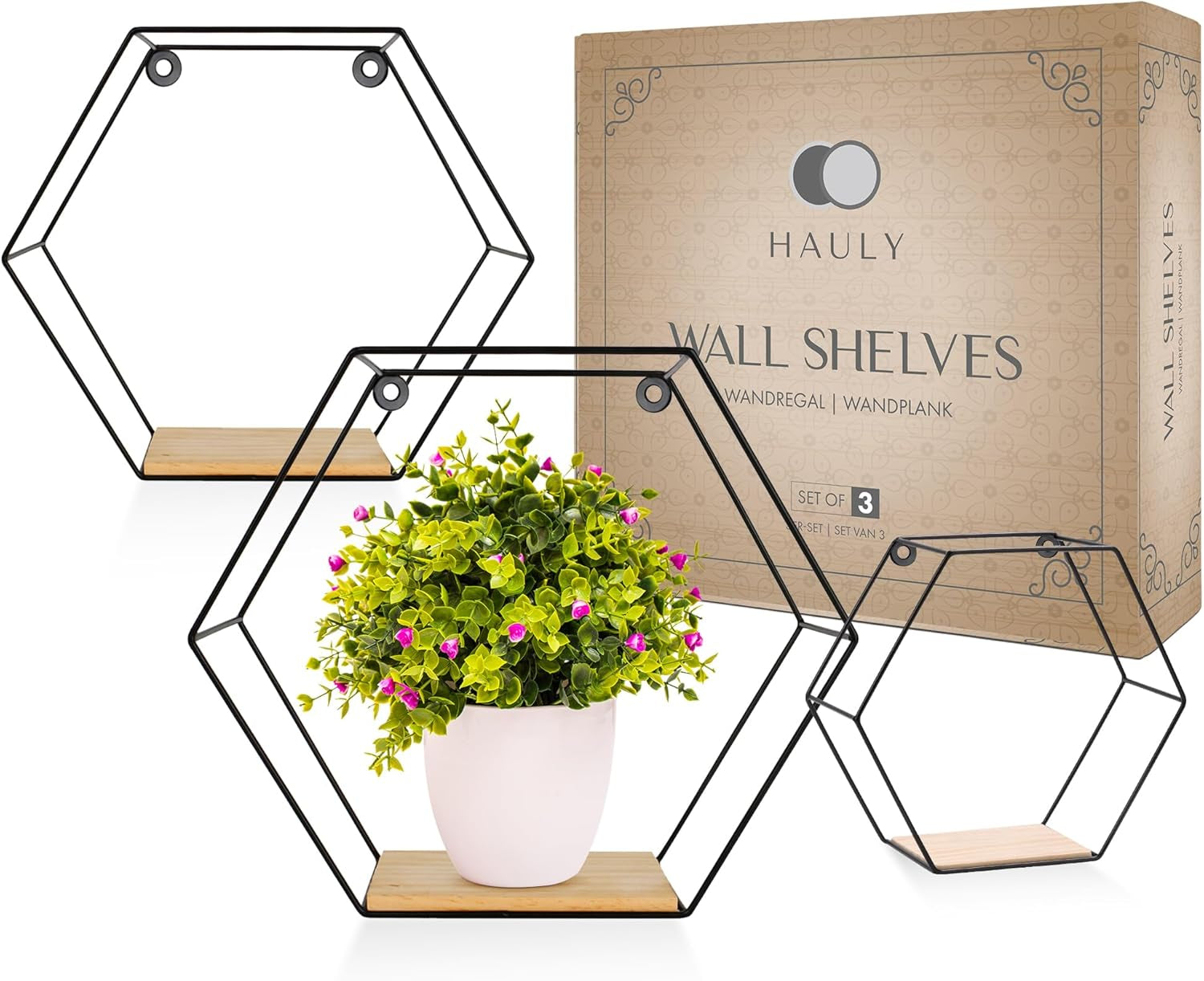 3Er Hexagon Wandregal Set, Schwarze Metall Schweberegale Mit Holzablage, Modernes Wabenregal Für Wohnzimmer, Schlafzimmer, Küche & Büro, Stabiles Stahlrahmen Regal Mit Schrauben & Montagezubehör