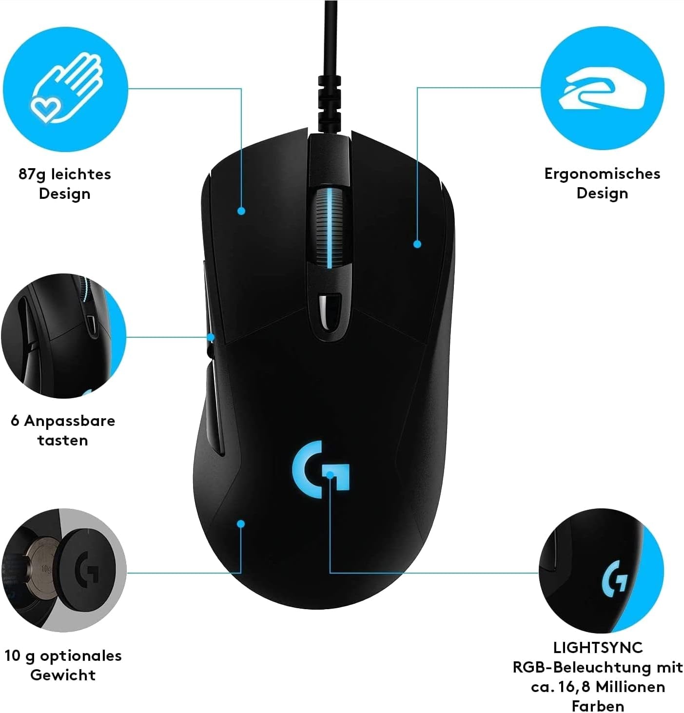 Logitech G403 HERO Gaming-Maus Mit HERO 25K DPI Sensor, LIGHTSYNC RGB, Geringes Gewicht Von 87G Und Optionales 10G Gewicht, Geflochtenes Kabel, Pc/Mac - Schwarz