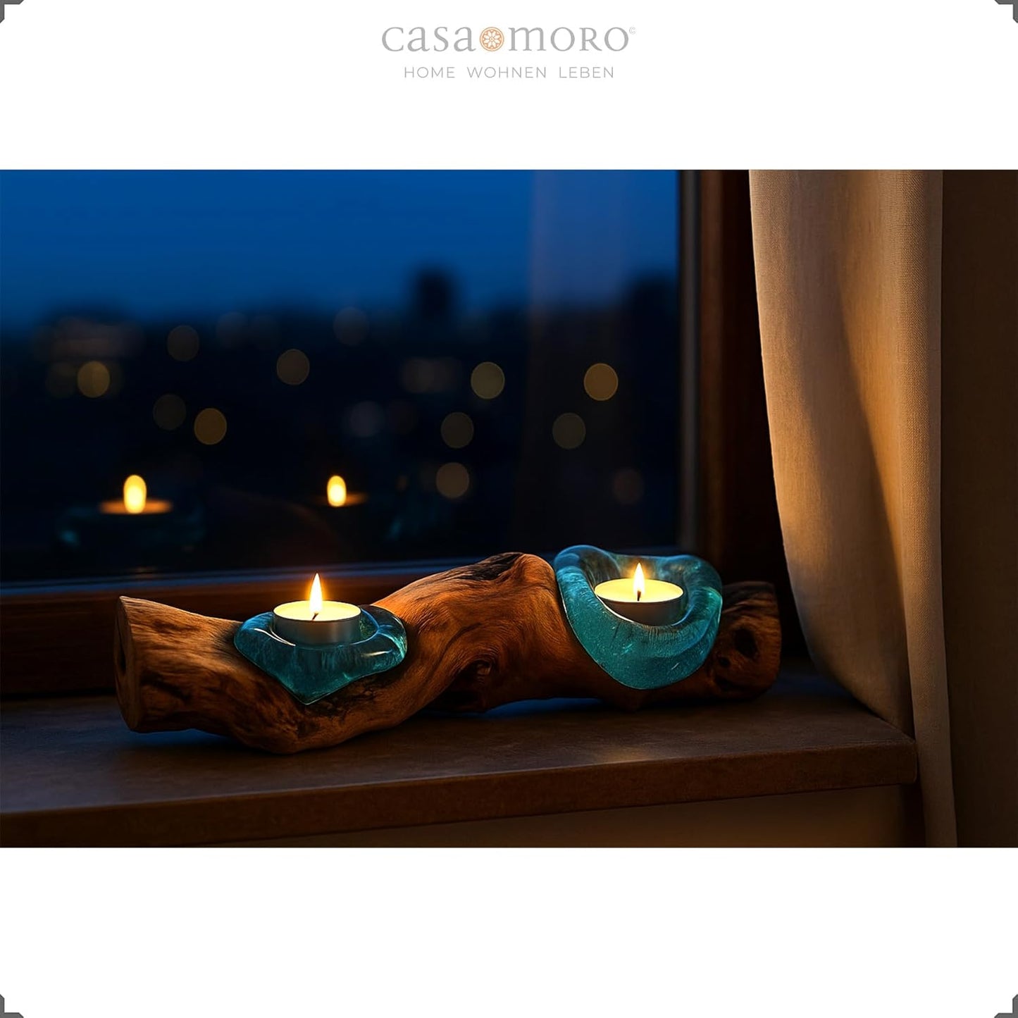 Teelichthalter Glas Und Holz, Tisch Deko Wurzelholz Aus Teakholz Stamm Holzschale - 2Er Für Zwei Teelichter