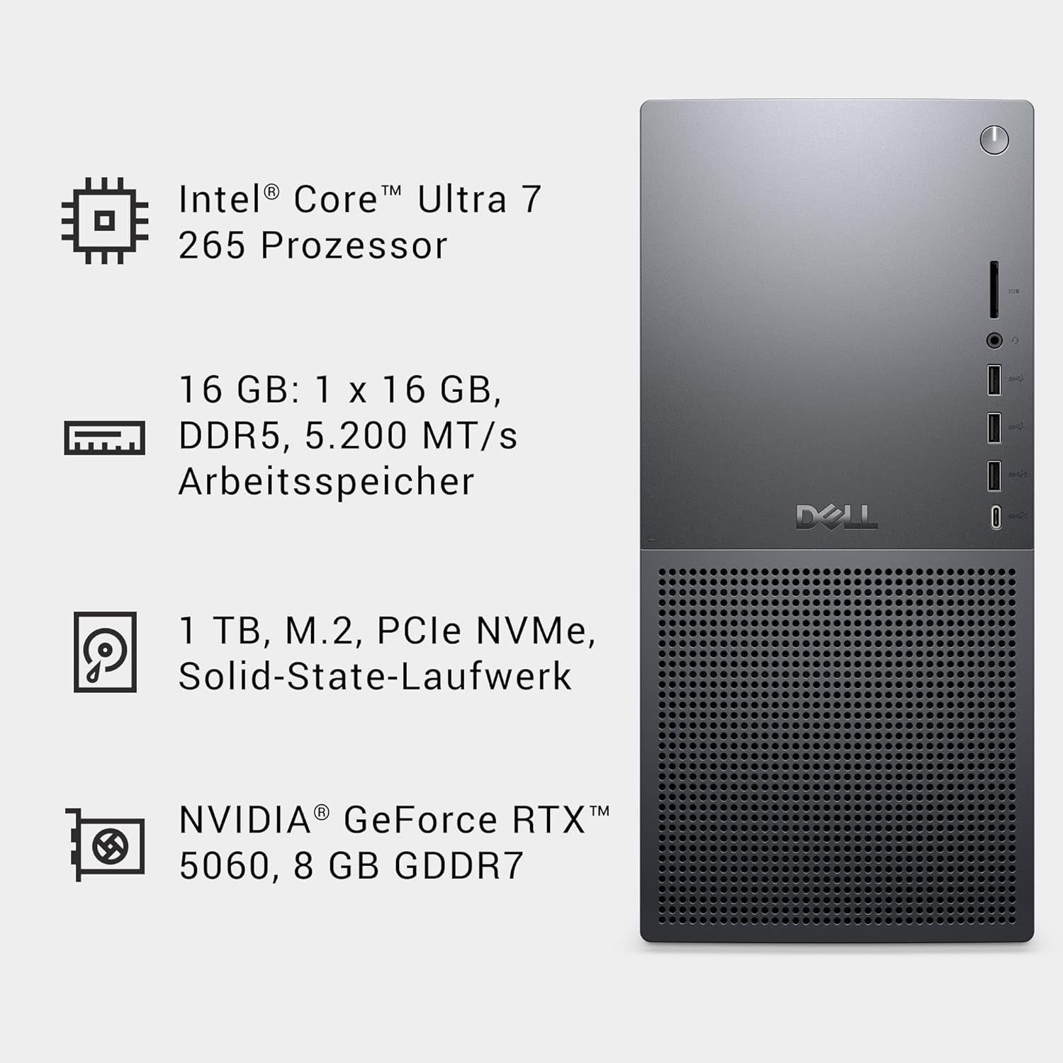 Dell Tower plus EBT2250 Desktop-Pc - Intel Core Ultra 7 Series 2, 16GB RAM, 1TB SSD, NVIDIA Geforce RTX 5060, Wi-Fi 7, HDMI, Thunderbolt 4, Mcafee Business Protection 1 Jahr, Windows 11 Pro, Graphit