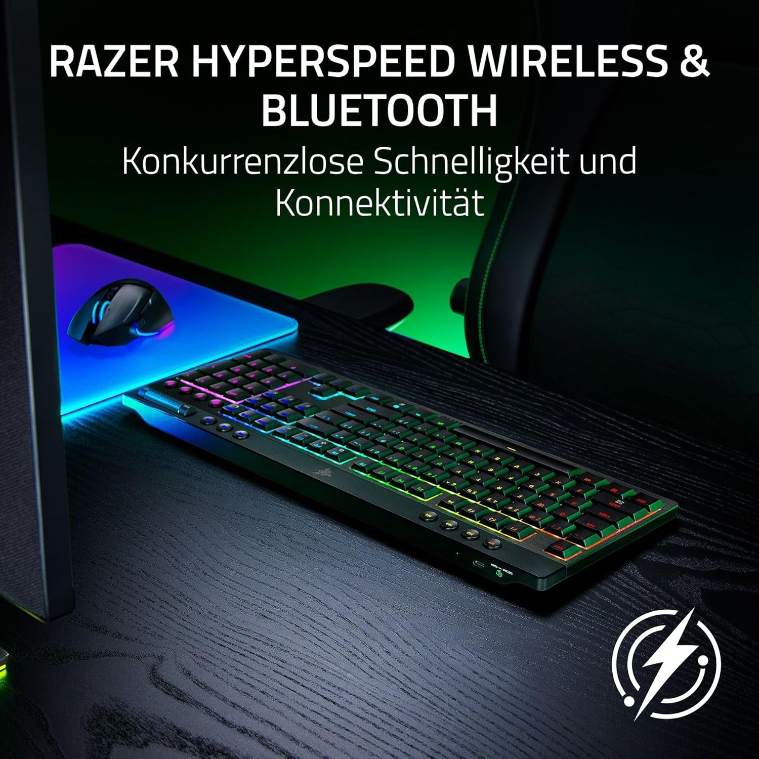 Razer Blackwidow V4 Low-Profile Hyperspeed - Kabellose, Flache Mechanische Gaming-Tastatur (Hyperspeed Wireless & BT, Multifunktionaler Drehregler & 11 Funktionstasten) Orange Switches | De-Layout