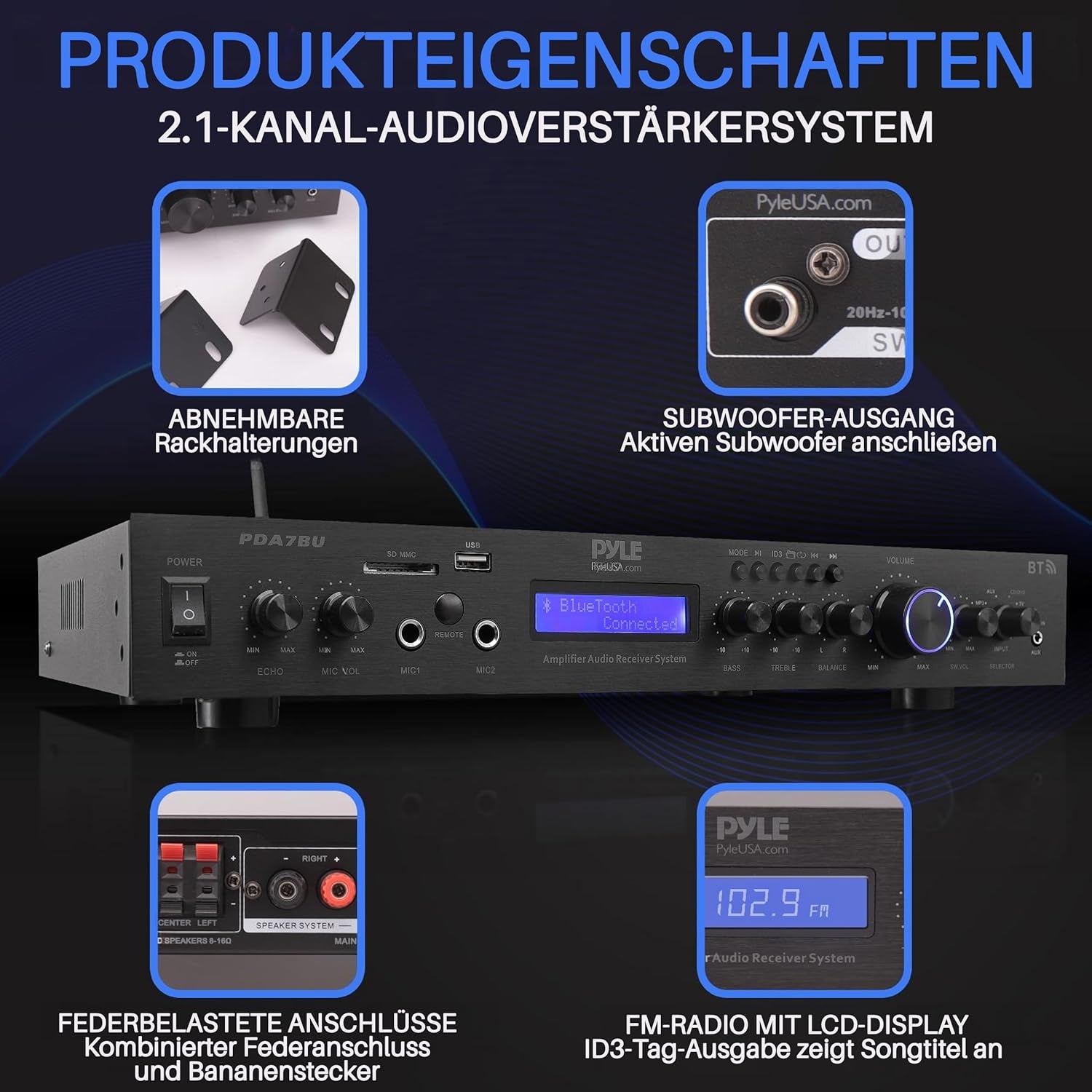 Pyle 200W Hifi Stereo Verstärker – 5-Kanal Receiver Mit Radio & Bluetooth, MP3 USB/SD/AUX, Heimkino Surround Verstärker