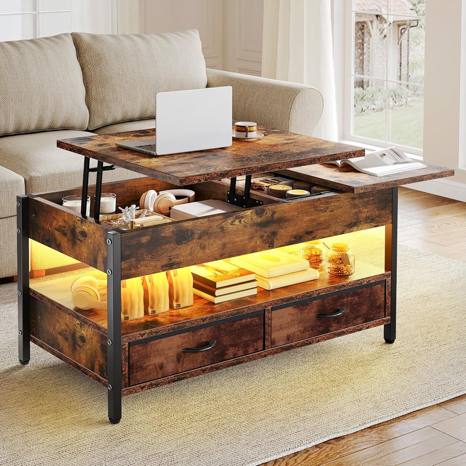 YITAHOME Couchtisch Höhenverstellbar, Wohnzimmertisch Mit Verstecktem Ablagefach Für Für Wohnzimmer, Büro, Couchtisch Mit Stauraum Und 2 Schublade Und Led-Lichtleiste 106 X50X51,5Cm