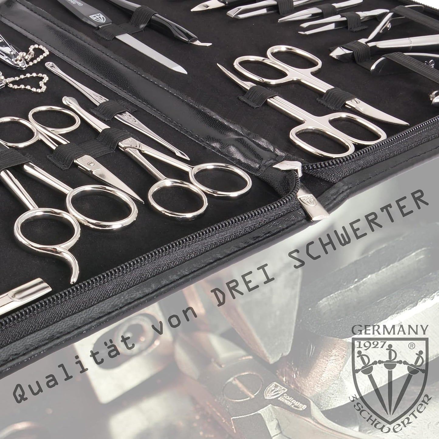 DREI SCHWERTER - Germany 23-Tlg. MEGA Maniküreset 'Varese' Nagel Set Etui in Kunstleder Schwarz | Inhalt: Nagelschere, Nagelzange, Haarschere, Nagelknipser Und Vieles Mehr!