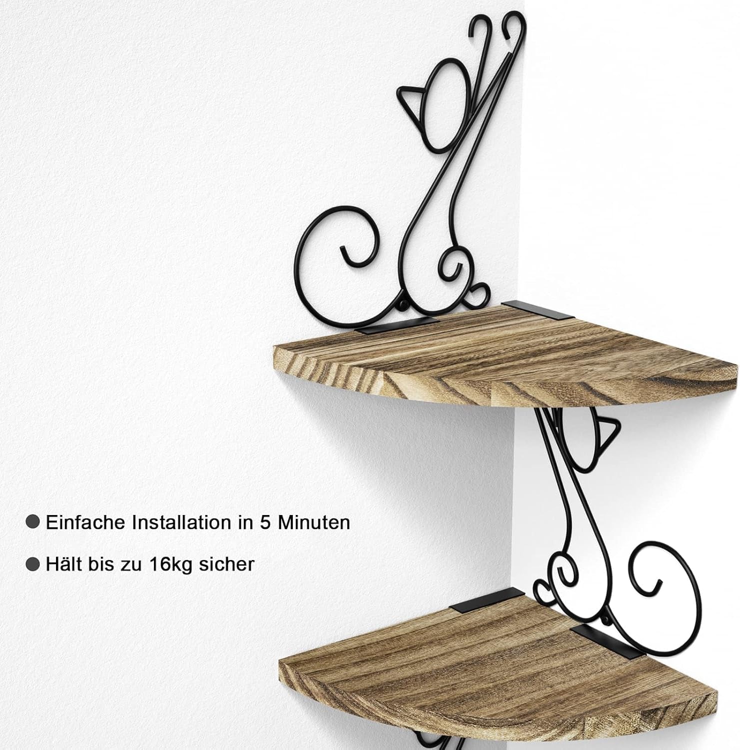 Alsonerbay Eckregal, Wandregal Vintage Aus Massivholz, Katzenform, Schweberegal Dekor Für Wohnzimmer Schlafzimmer Küche Büro, 4 Regalböden, Braun