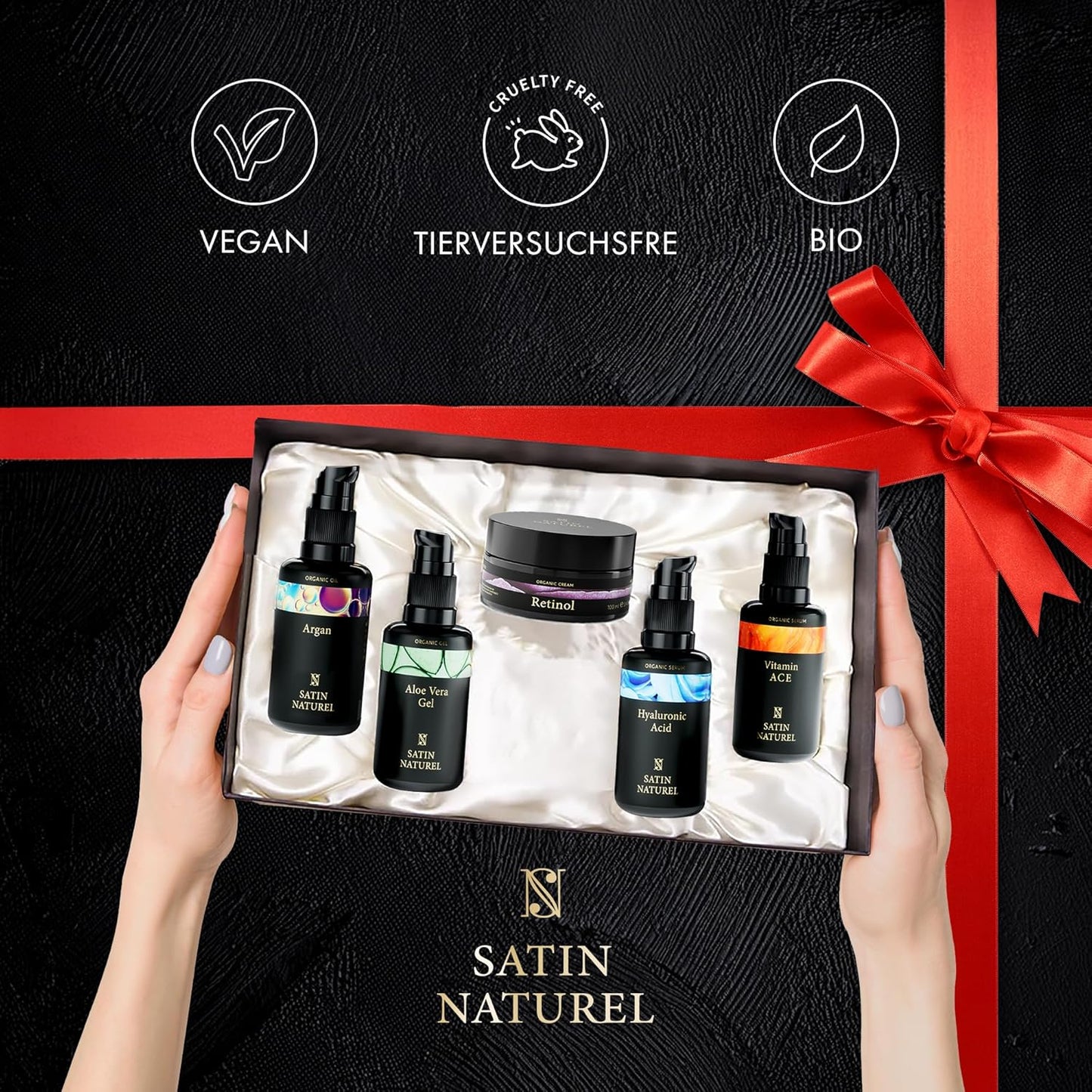 Satin Naturel Valentinstag Geschenkset Für Sie – Skincare Routine Mit Aloe Vera Gel, Arganöl, Vitamin C Serum, Hyaluron Serum & Retinol Creme – Vegan in Luxus Geschenkbox - Premium Edition