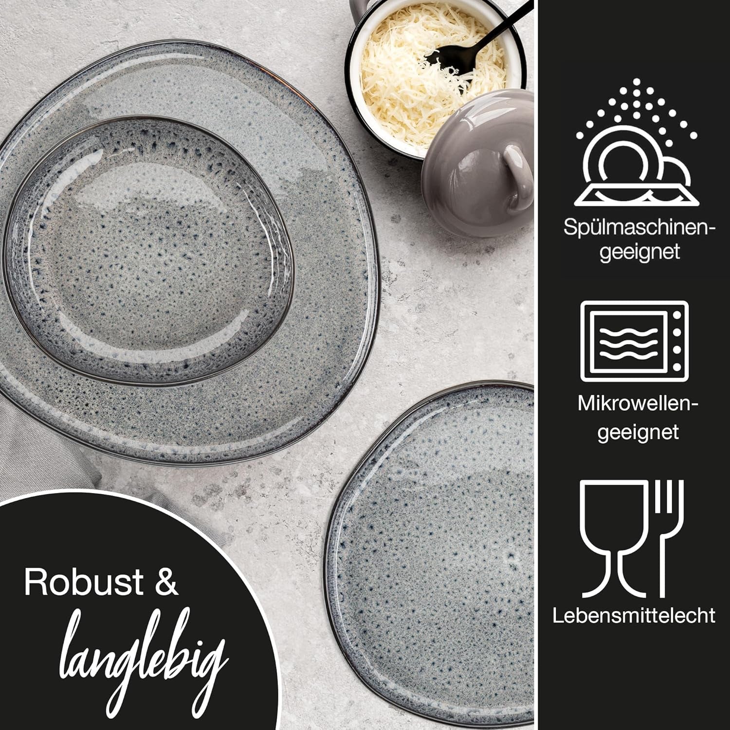 Moritz & Moritz ORGANIC 18-Teiliges Geschirrset 6 Personen Grau - Elegantes Teller Set Aus Hochwertigem Steinzeug - Geschirr Set 6 Personen Aus 6X Dinnerteller, 6X Dessertteller, 6X Suppenteller