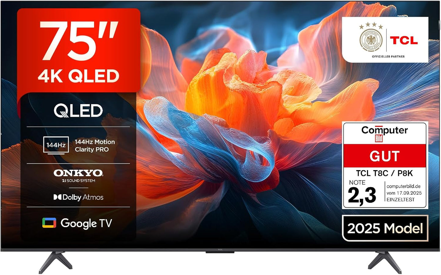 TCL 75T8C 75 Zoll QLED 4K HDR UHD Fernseher, Smart Google TV Dolby Vision Atmos,144Hz Motion Clarity Pro, Game Bar, ALLM, Freesync, Onkyo 2.1 Sound,Sprachsteuerung, Kompatibel Mit Google Assistant