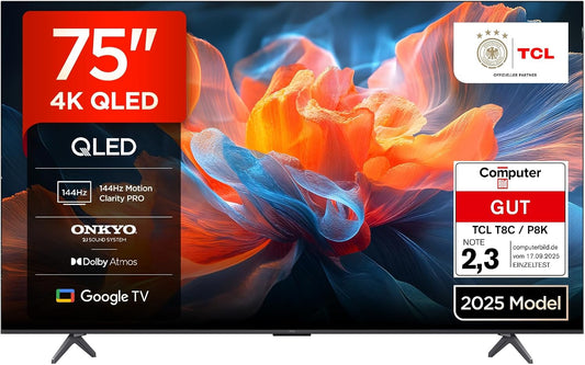 TCL 75T8C 75 Zoll QLED 4K HDR UHD Fernseher, Smart Google TV Dolby Vision Atmos,144Hz Motion Clarity Pro, Game Bar, ALLM, Freesync, Onkyo 2.1 Sound,Sprachsteuerung, Kompatibel Mit Google Assistant