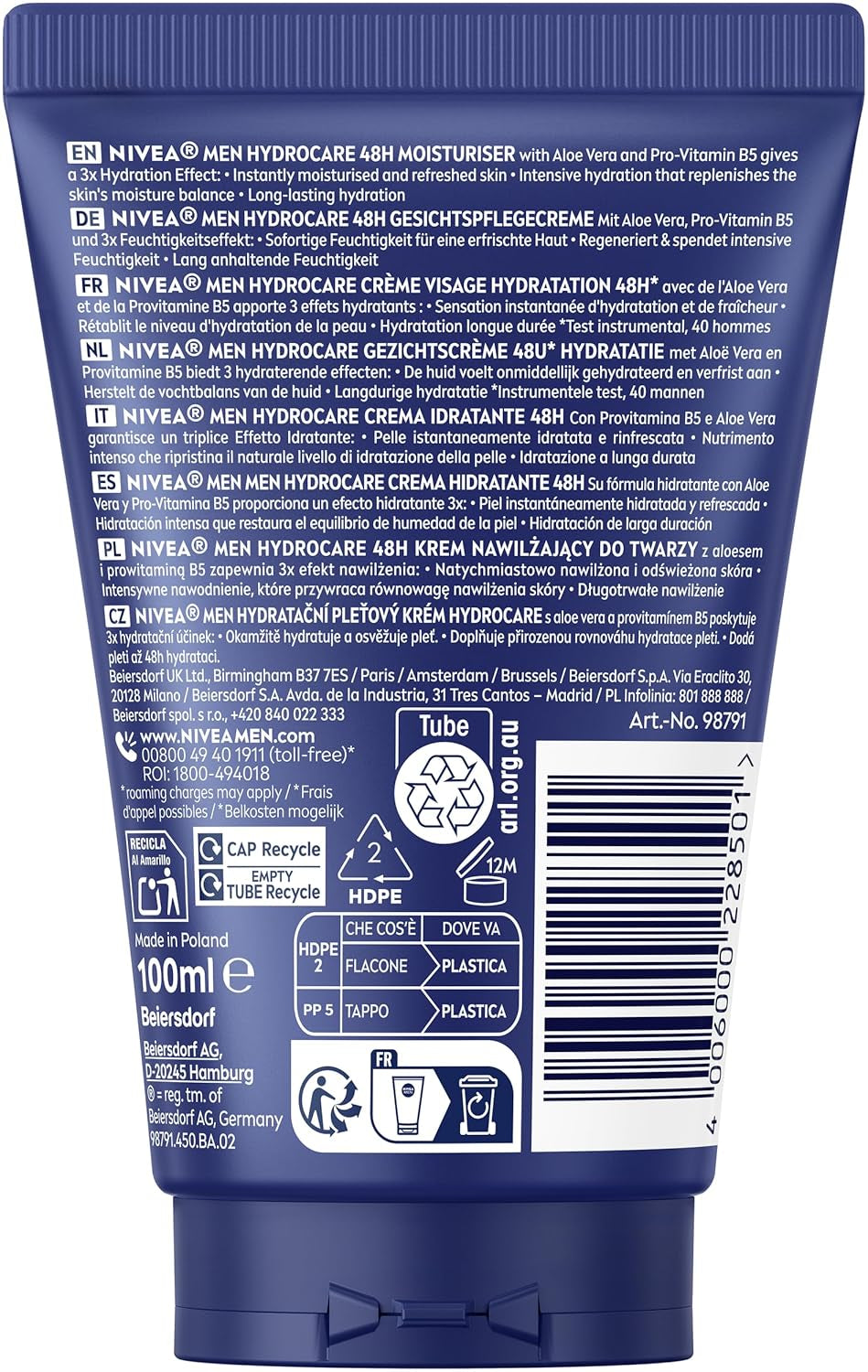 NIVEA MEN Hydrocare Moisturiser, 48H Feuchtigkeitscreme Für Trockene Männerhaut, Feuchtigkeitsspendende Gesichtscreme Mit Aloe Vera Und Provitamin B5 (100 Ml)