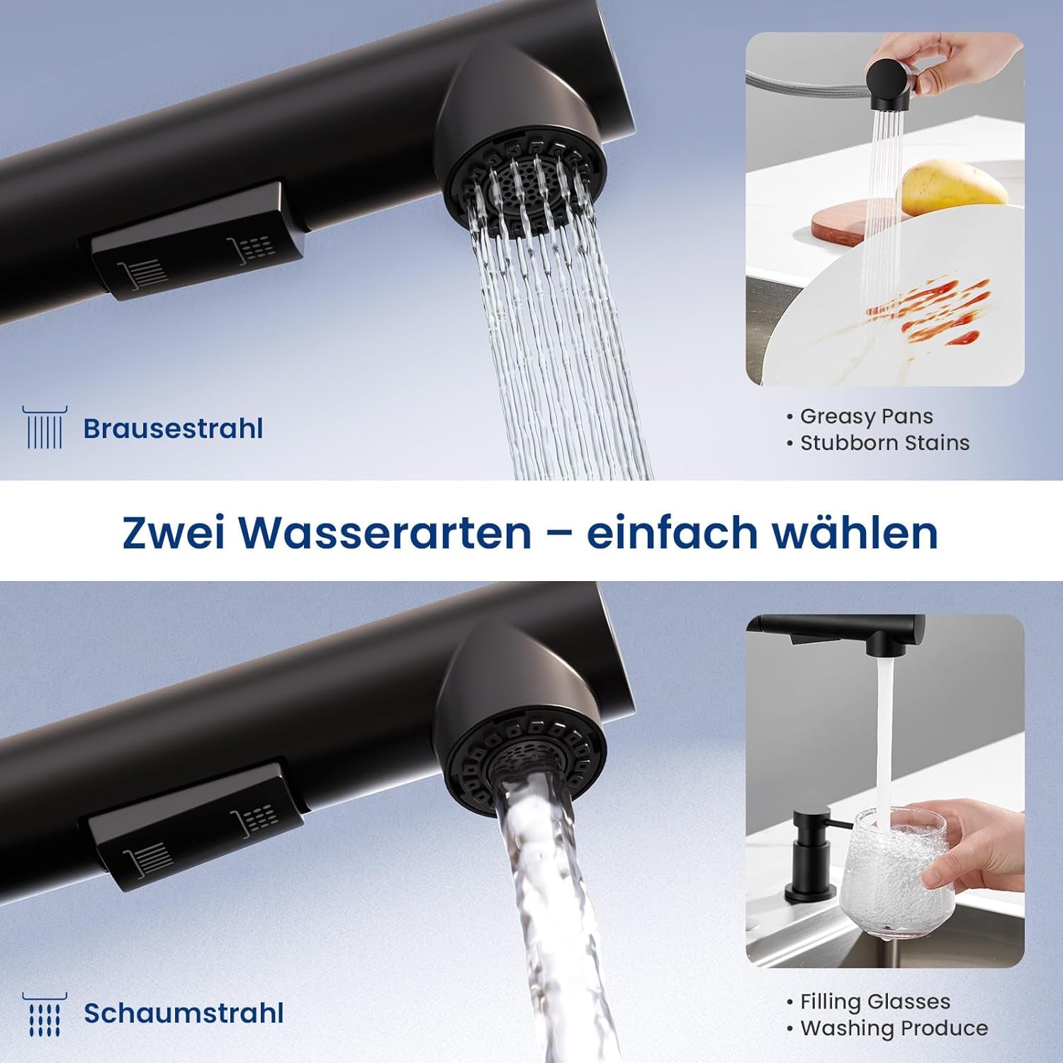 CECIPA Wasserhahn Küche Schwarz Ausziehbar, Küchenarmatur Mit Brause Ausziehbar, Mischbatterie Küche Schwarz Matt, Armatur Mit 2 Wasserstrahlarten, Spültischarmatur Edelstahl, Kitchen Tap 360° Drehung