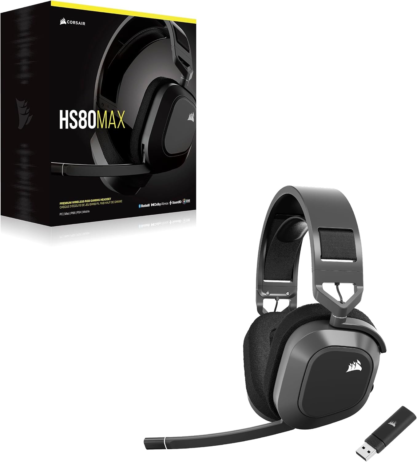 CORSAIR HS80 MAX WIRELESS Multiplattform-Gaming-Headset Mit Bluetooth – Dolby Atmos – Omnidirektionales Mikrofon – Icue-Kompatibel – PC, Mac, PS5, PS4, Switch, Mobil – Stahlgrau